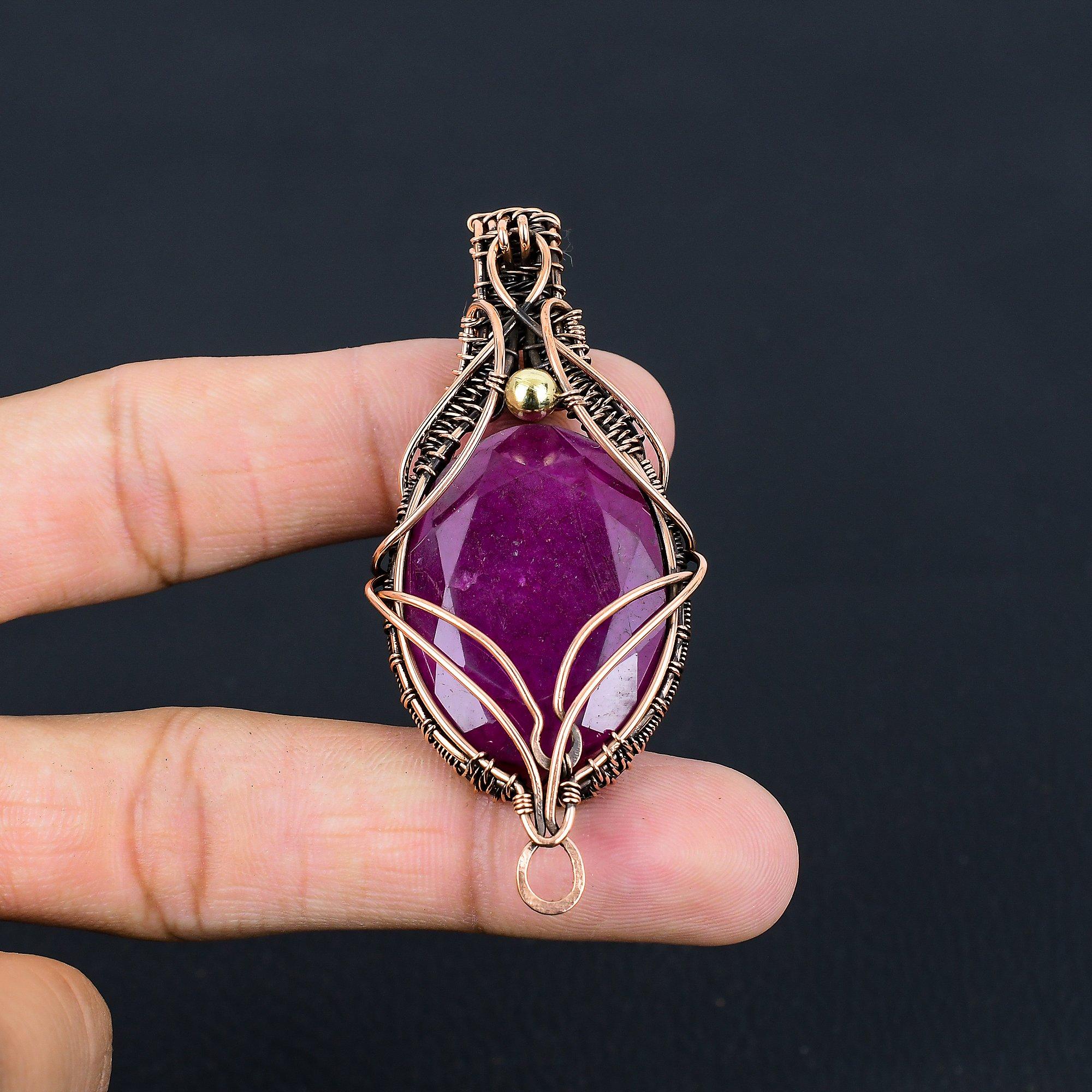 Lab-Created Ruby Gemstone Handmade Pure Copper Wire Wrapped Beautiful Jewelry Pendant
