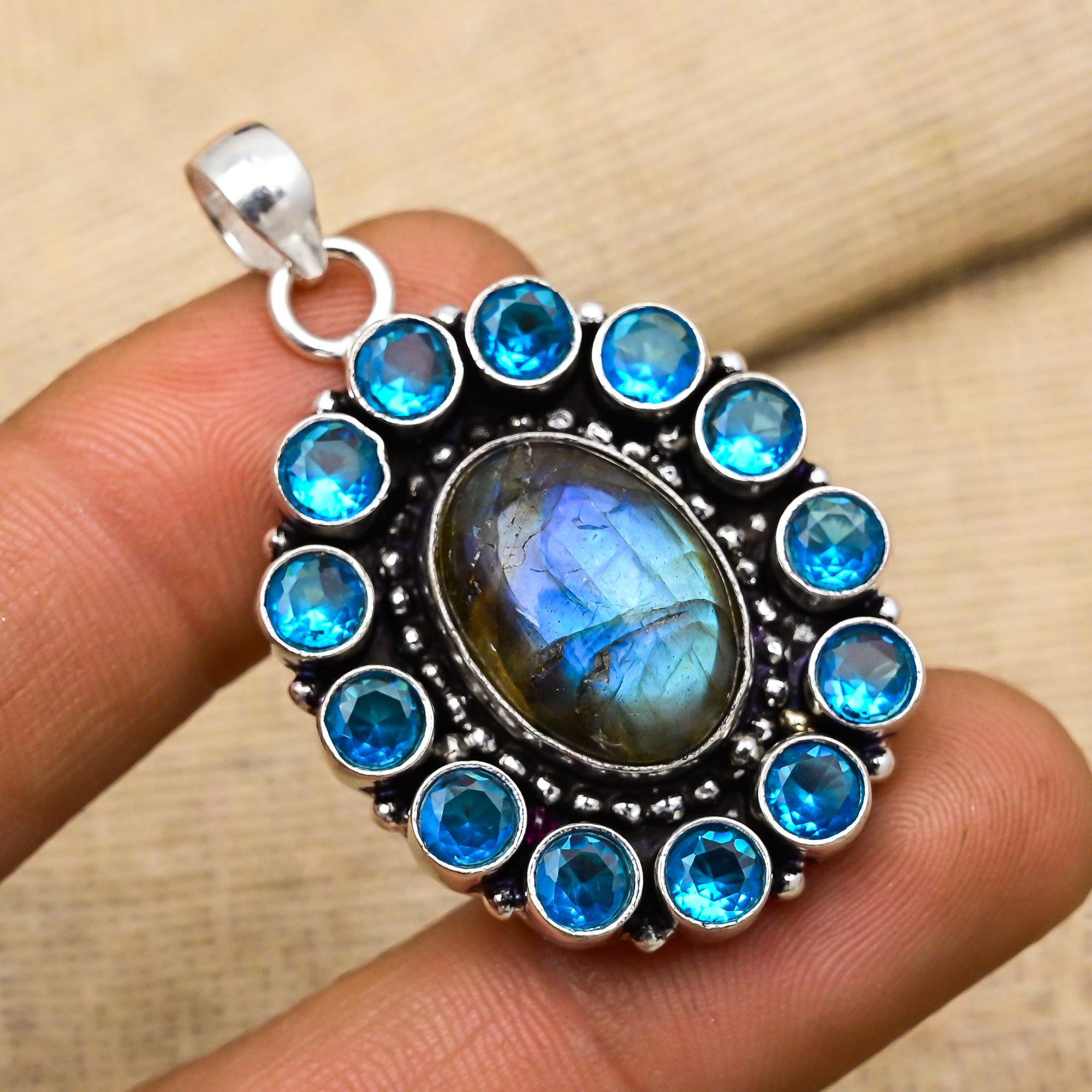 Labradorite, Blue Topaz Gemstone Handmade 925 Solid Sterling Silver Jewelry Pendant For Wedding Gift