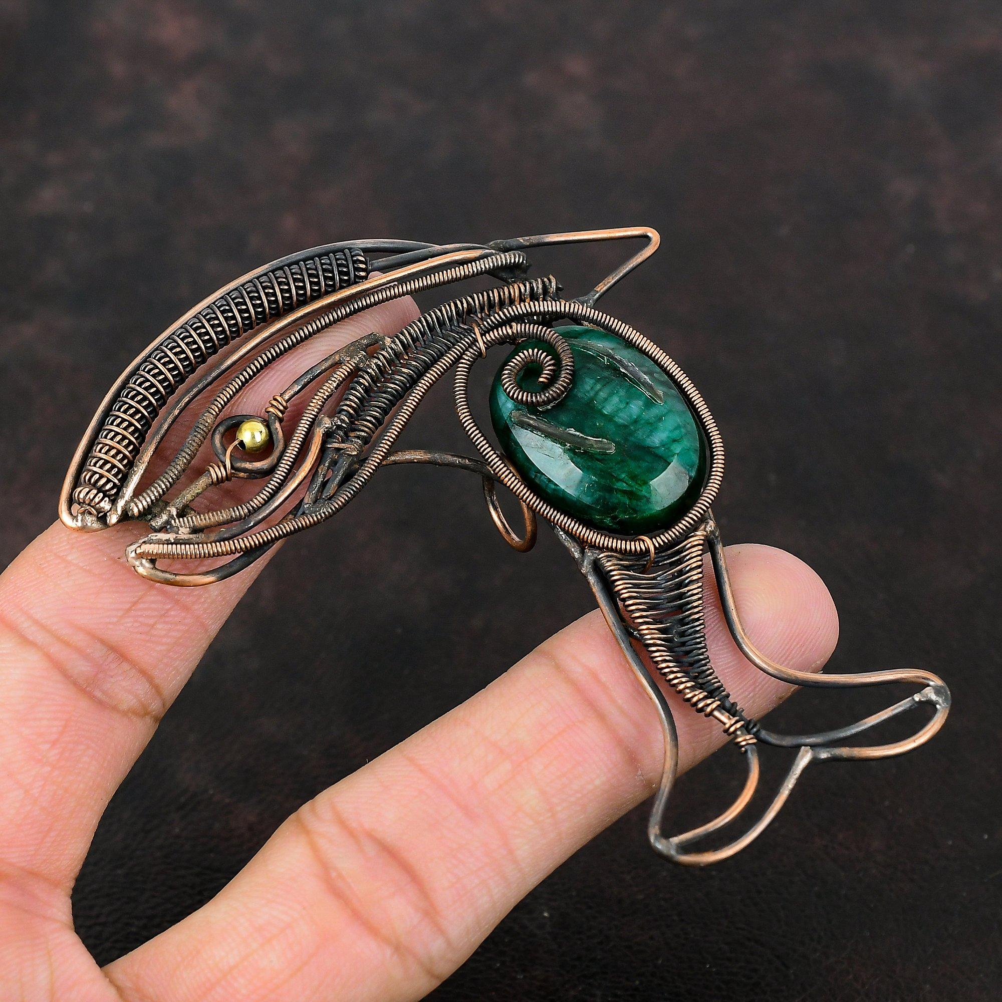 Facettierter sambischer Smaragd Anhänger Kupferdraht gewickelt Anhänger Antiker Fisch Anhänger Edelstein handgemachter Anhänger Kupferdraht Schmuck Hochzeitsgeschenk