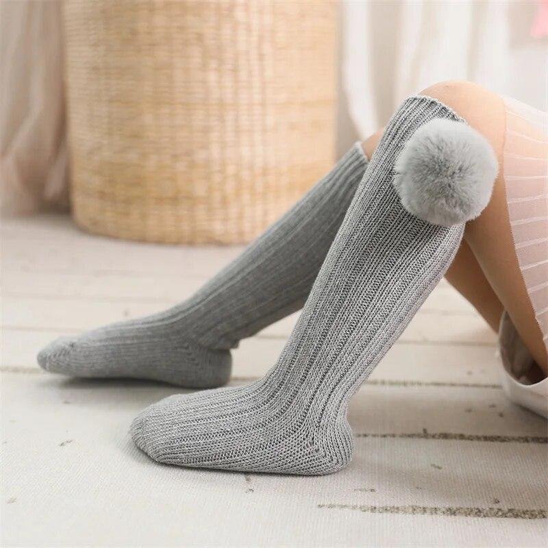 Kids Girls Socks Cotton Fur Ball Knee High Children's Socks For Girls Winter Warm Knitted Baby Stocking Age for 0-7Years