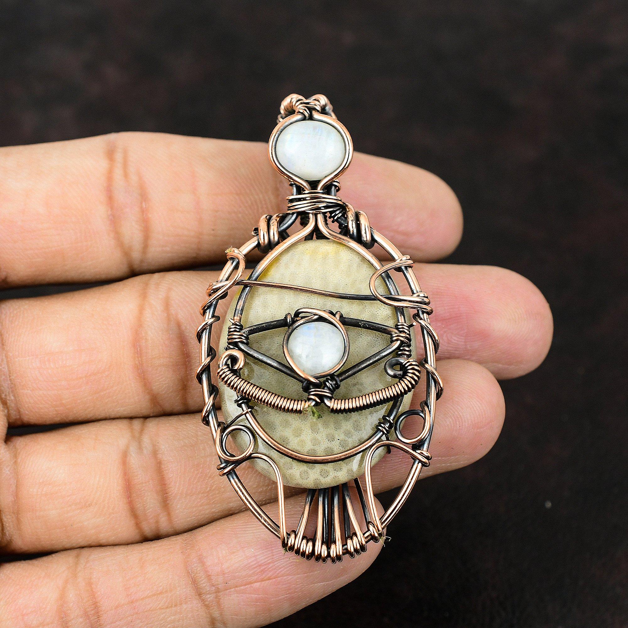 Evil Eye Fossil Coral Gemstone Copper Wrapped Pendant Rainbow Moonstone Handmade Pendant Evil Eye Jewelry Wire Wrapped Jewelry Gift For Her