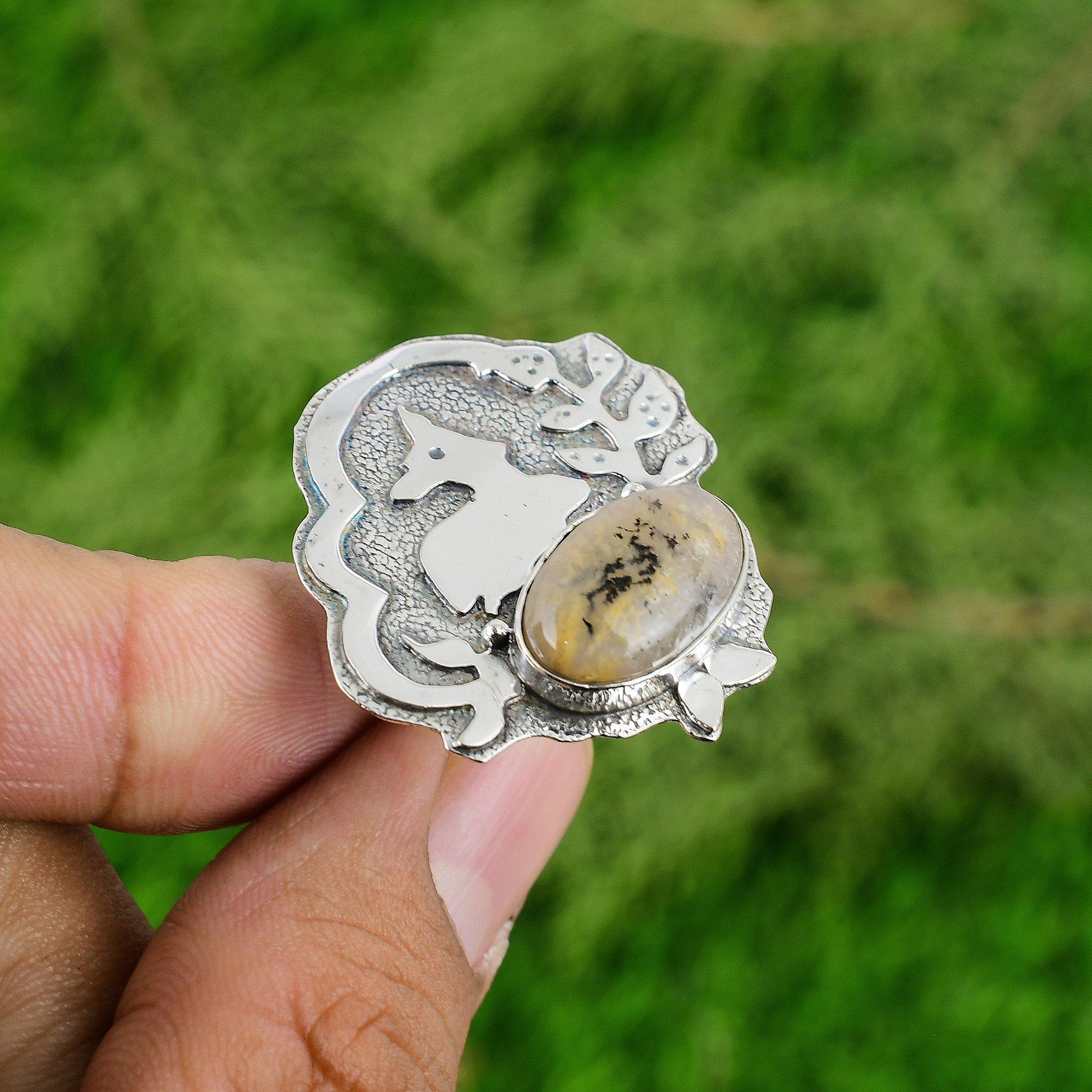Mothers day Sale Oval Plume Agate Stone Sterling Silver Anniversary New Ring