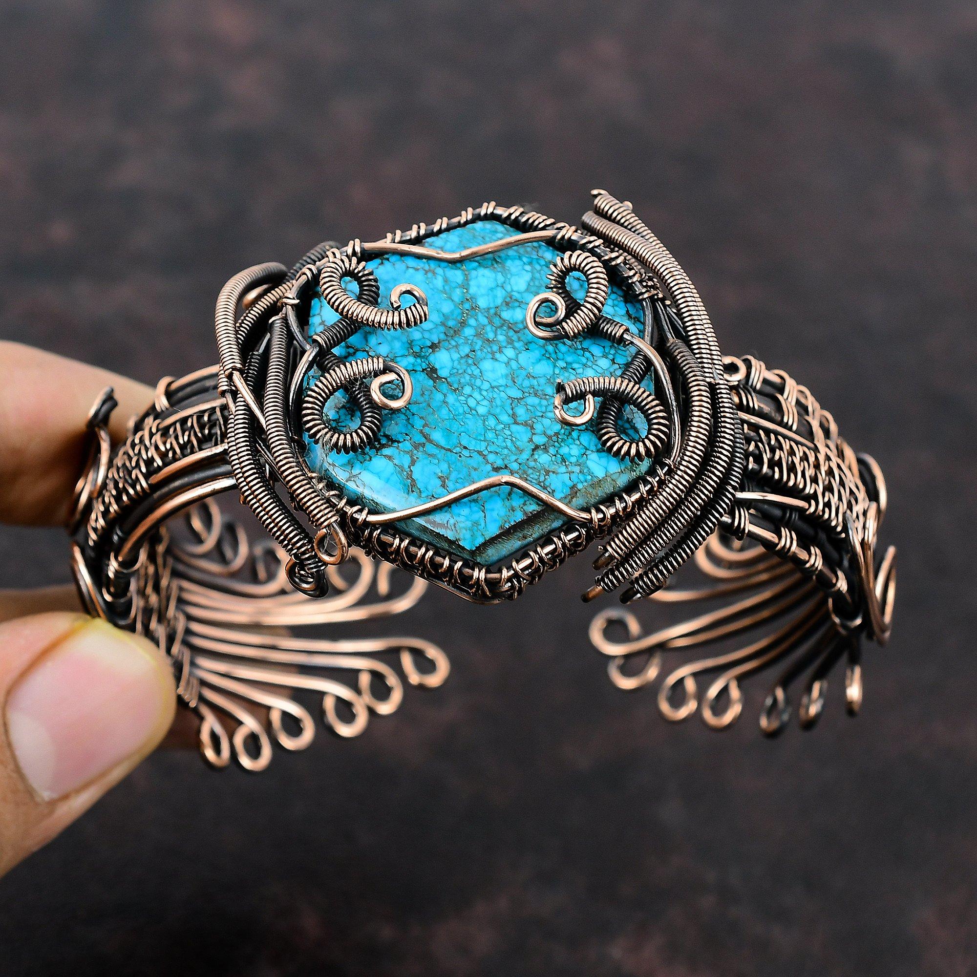 Tibetan Turquoise Copper Wire Wrapped Bangle Adjustable Cuff Bracelet High Quality Gemstone Bangle Handmade Copper Wire Jewelry Gift For Her
