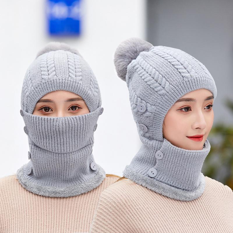 Ziemas cepure Šalle Cepures Komplekts Beanies Cepures Pompoms Hat Plus Biezināšana Siāmas Šalle Apkakle Silta Vēja Necaurlaidīga Cepure