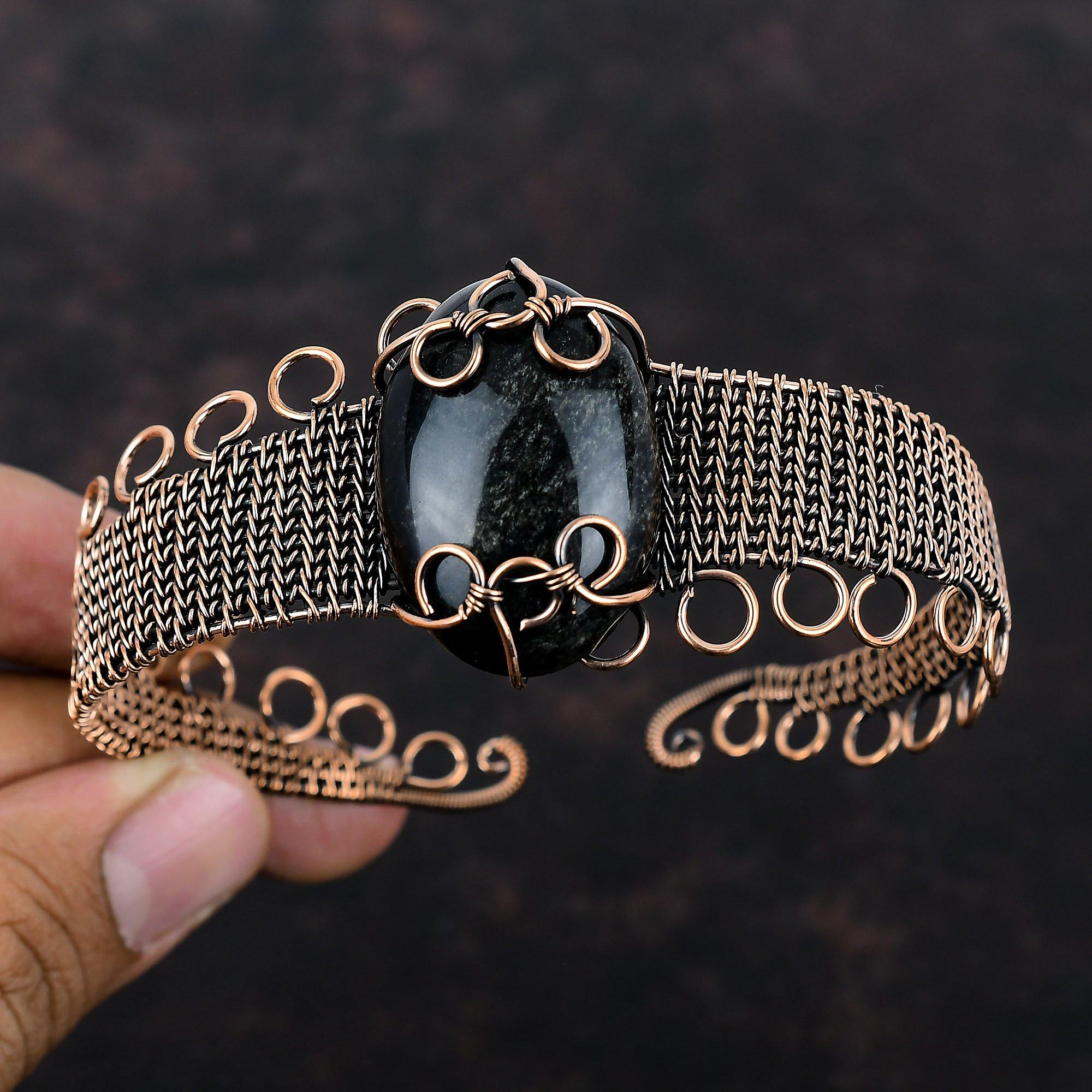 Silver Sheen Obsidian Bangle Gemstone Cuff Bracelet Copper Wire Wrapped Adjustable Cuff Bracelet Copper Jewelry Gift For Her Handmade Bangle