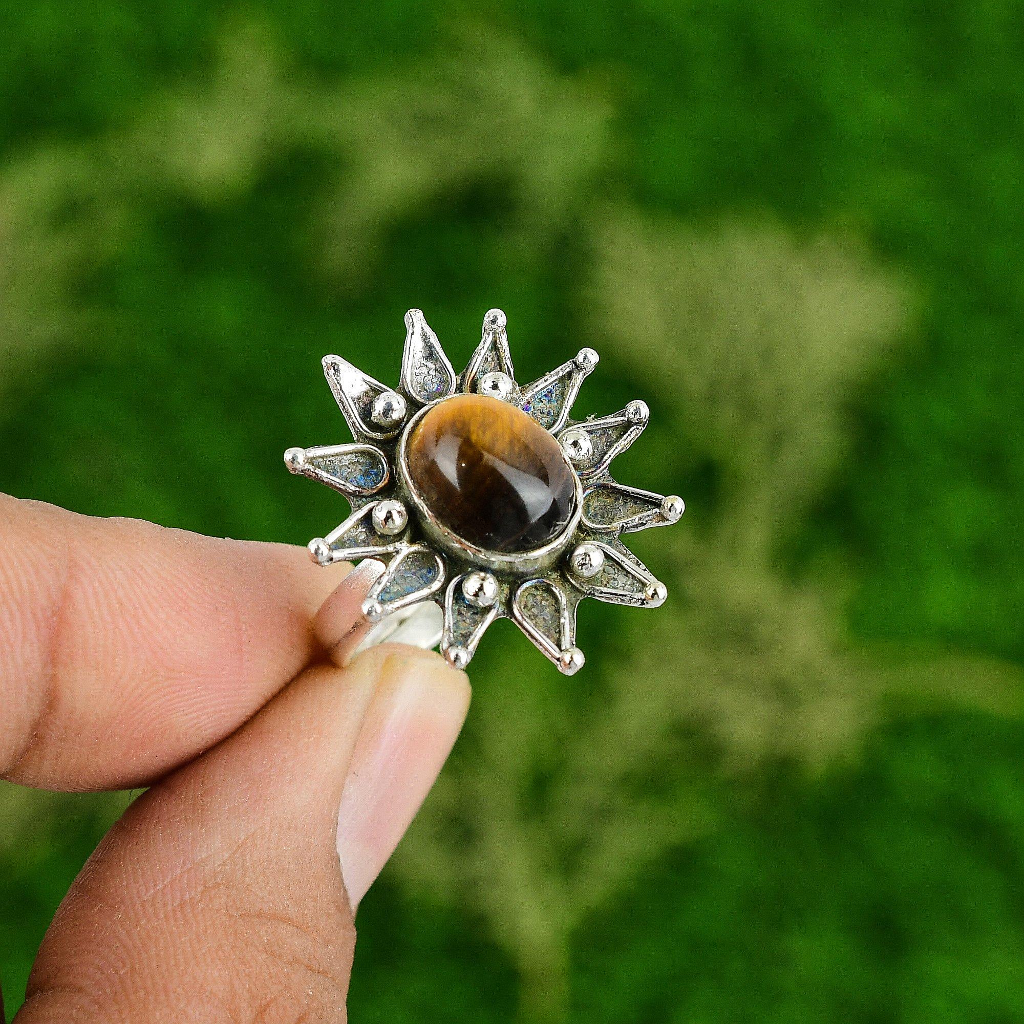 Natural Tiger'S Eye Gemstone Stackable Flower Yellow Adjustable Ring 925 Silver