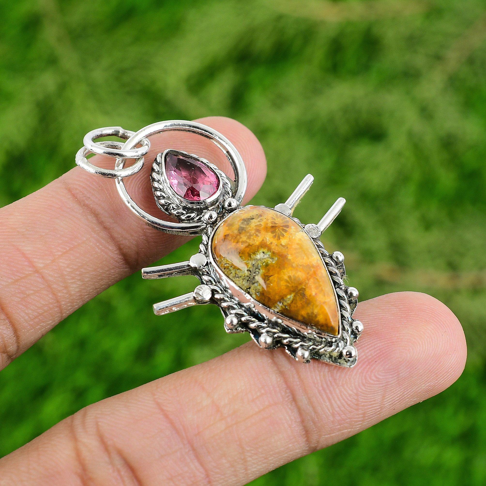 Natural Fossil Coral Pink Tourmaline Sister Boho Pendant Jewelry Sterling Silver