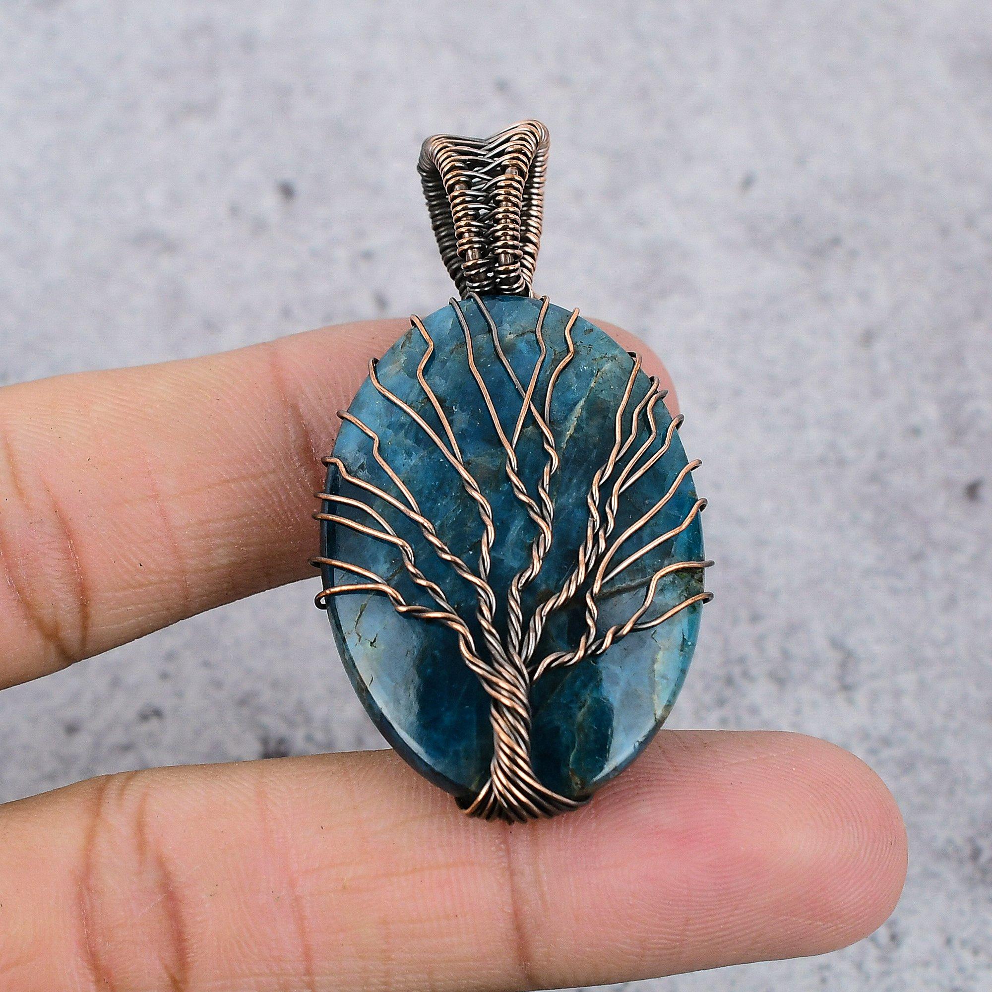 Tree Of Life Neon Blue Apatite Gemstone Pendant 999 Copper Wire Wrapped Jewelry, Handmade Antique Pendant Jewelry, Gift For Mother