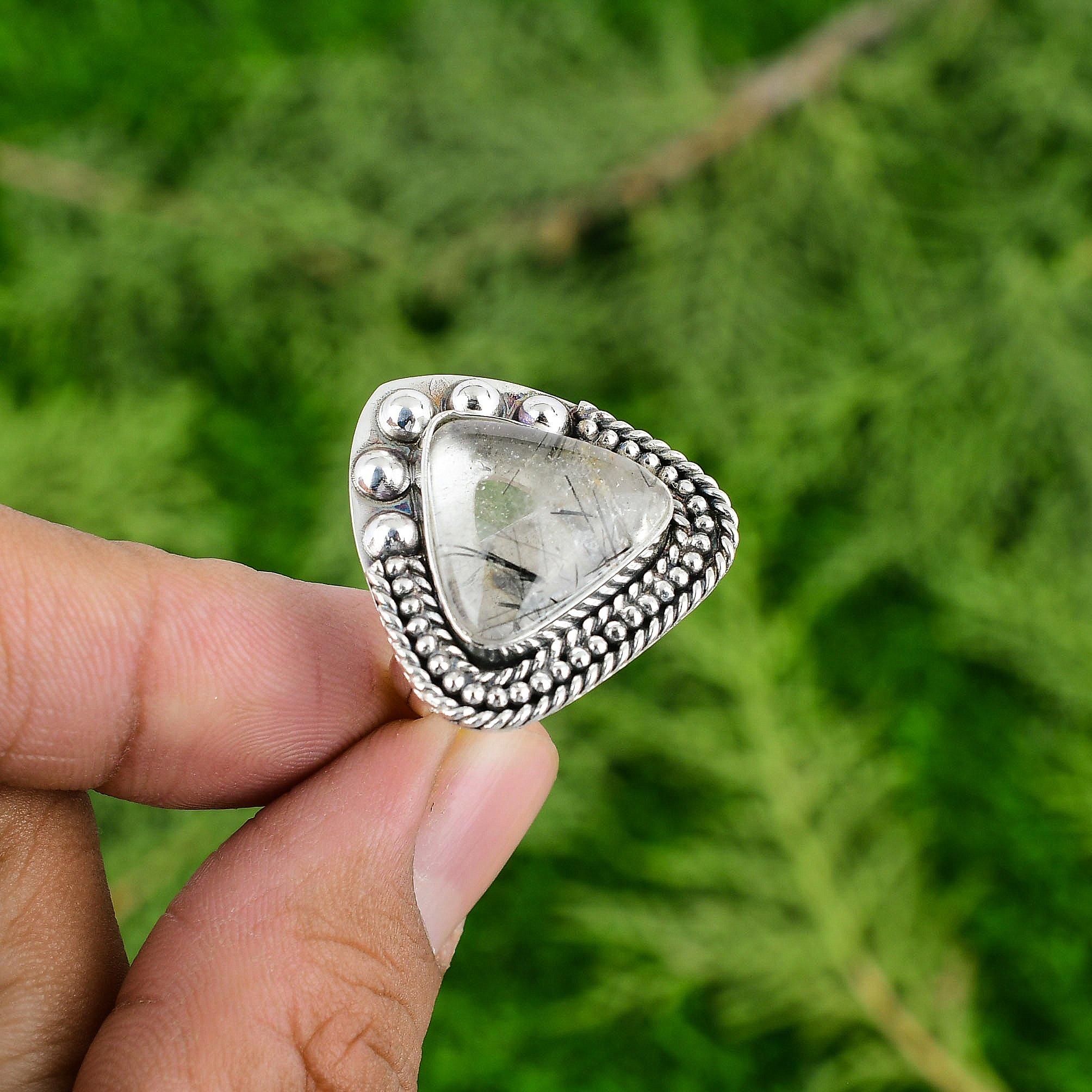 Thanks Giving Day Sale Black Rutilated Quartz Stone 925 Silver Solitaire Ring
