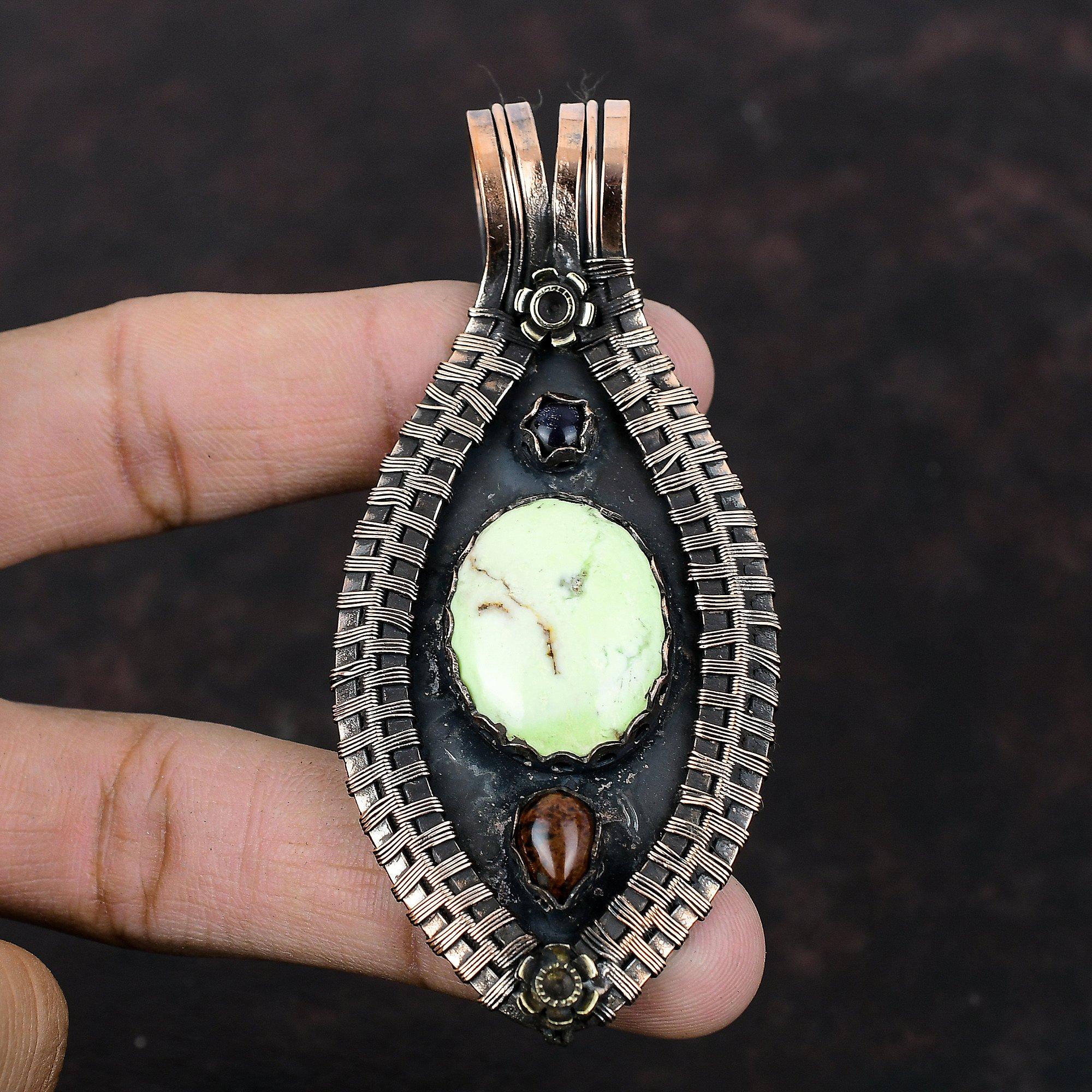 Lemon Chrysoprase Pendant Copper Wire Wrapped Pendant Mahogany Obsidian And Blue Sunstone Pendant Handmade Gemstone Jewelry Gift For Mother