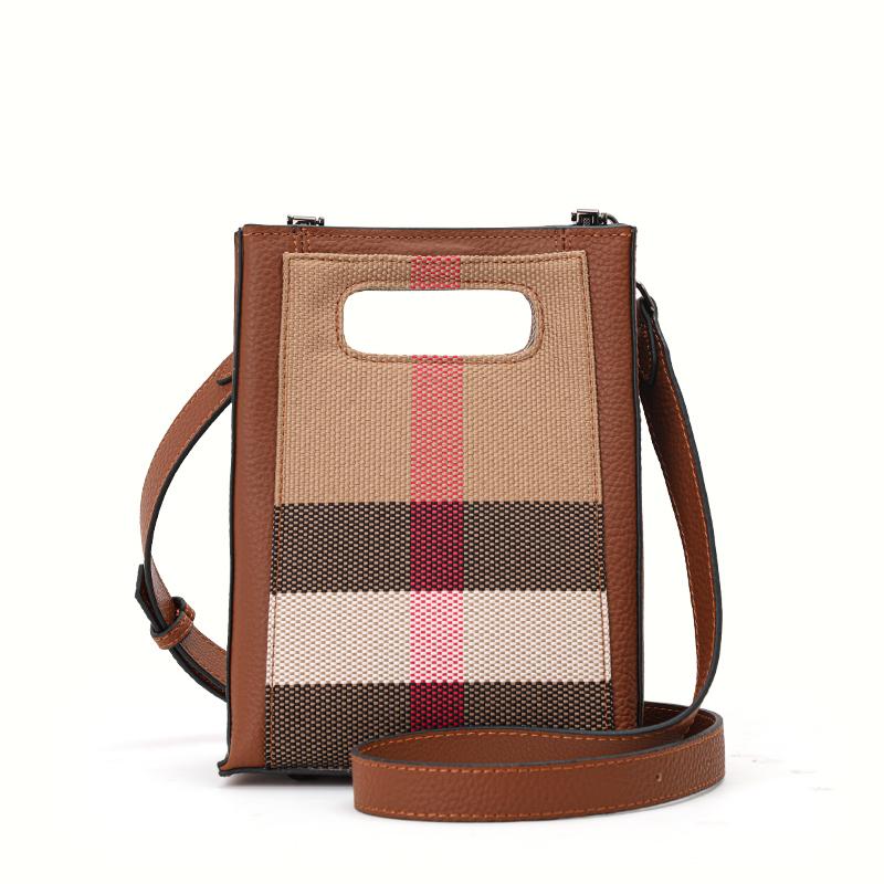 Aidrani Modische Damen-Karotasche, aus Canvas- und Rindsledermaterialien, karamellfarben, Mini-Hand-Crossbody-Tasche