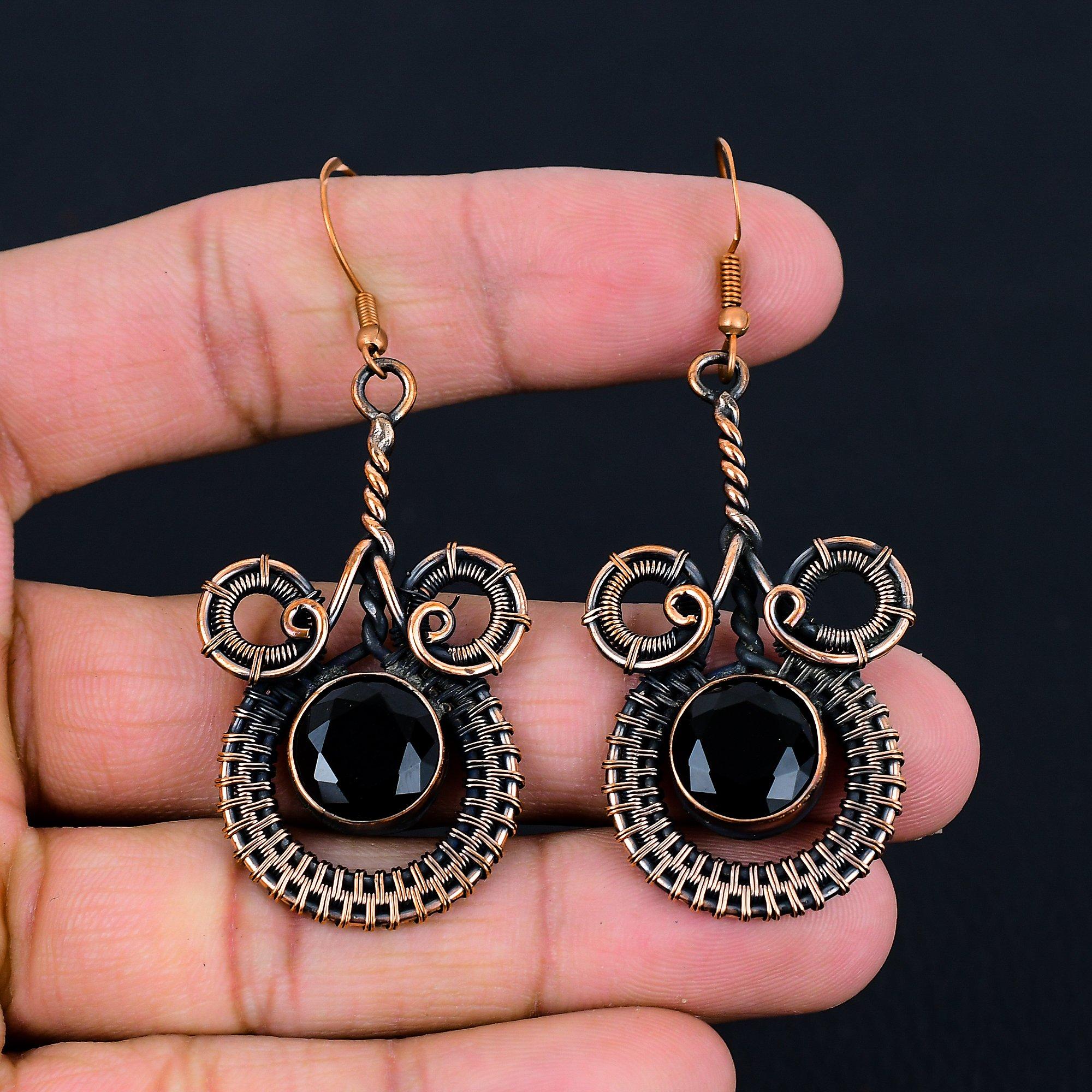 Black Onyx Gemstone Handmade Pure Copper Wire Wrap Jewelry Earrings For Memorial Day