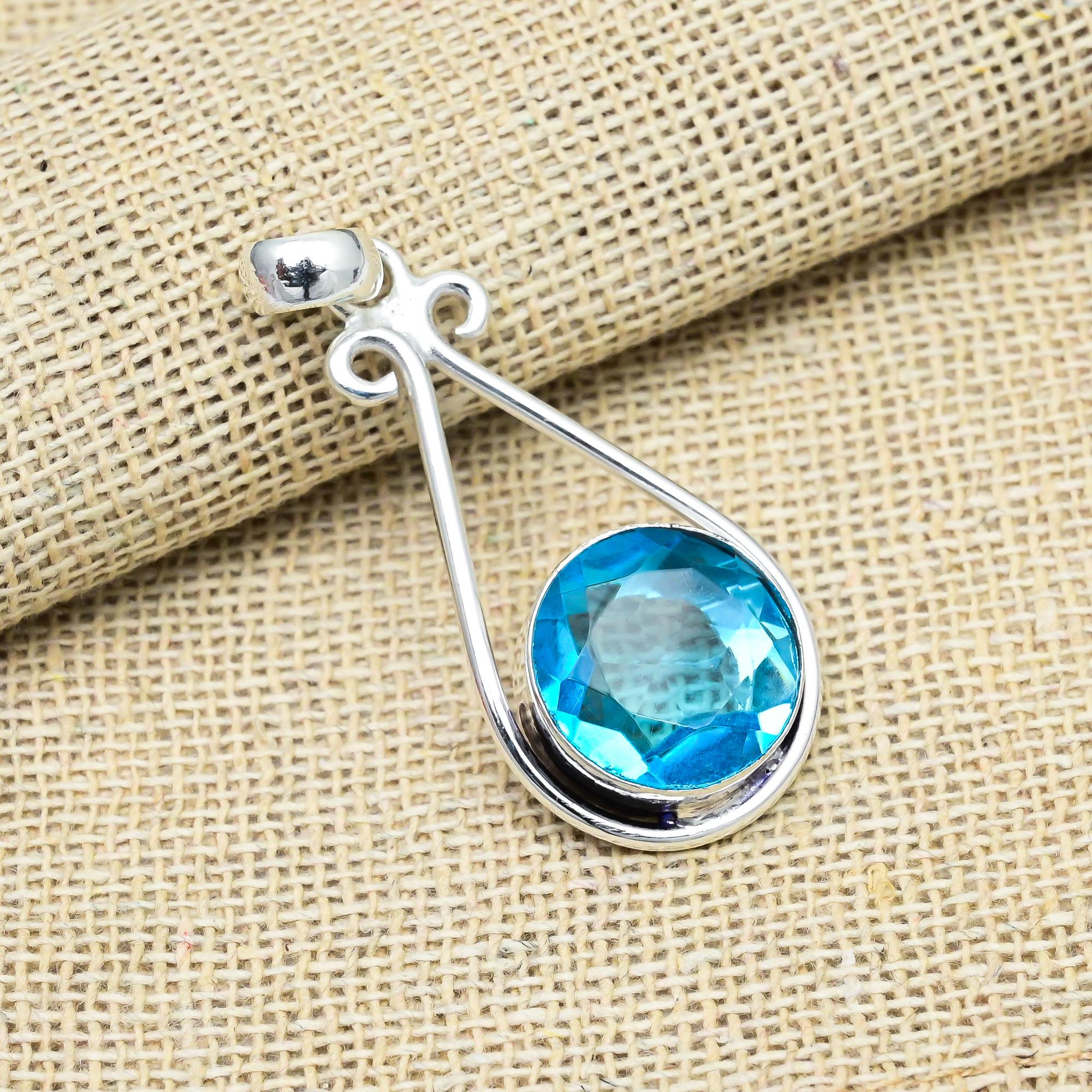 Blue Topaz Gemstone Handmade 925 Sterling Silver Jewelry Pendant For Engagement Gift