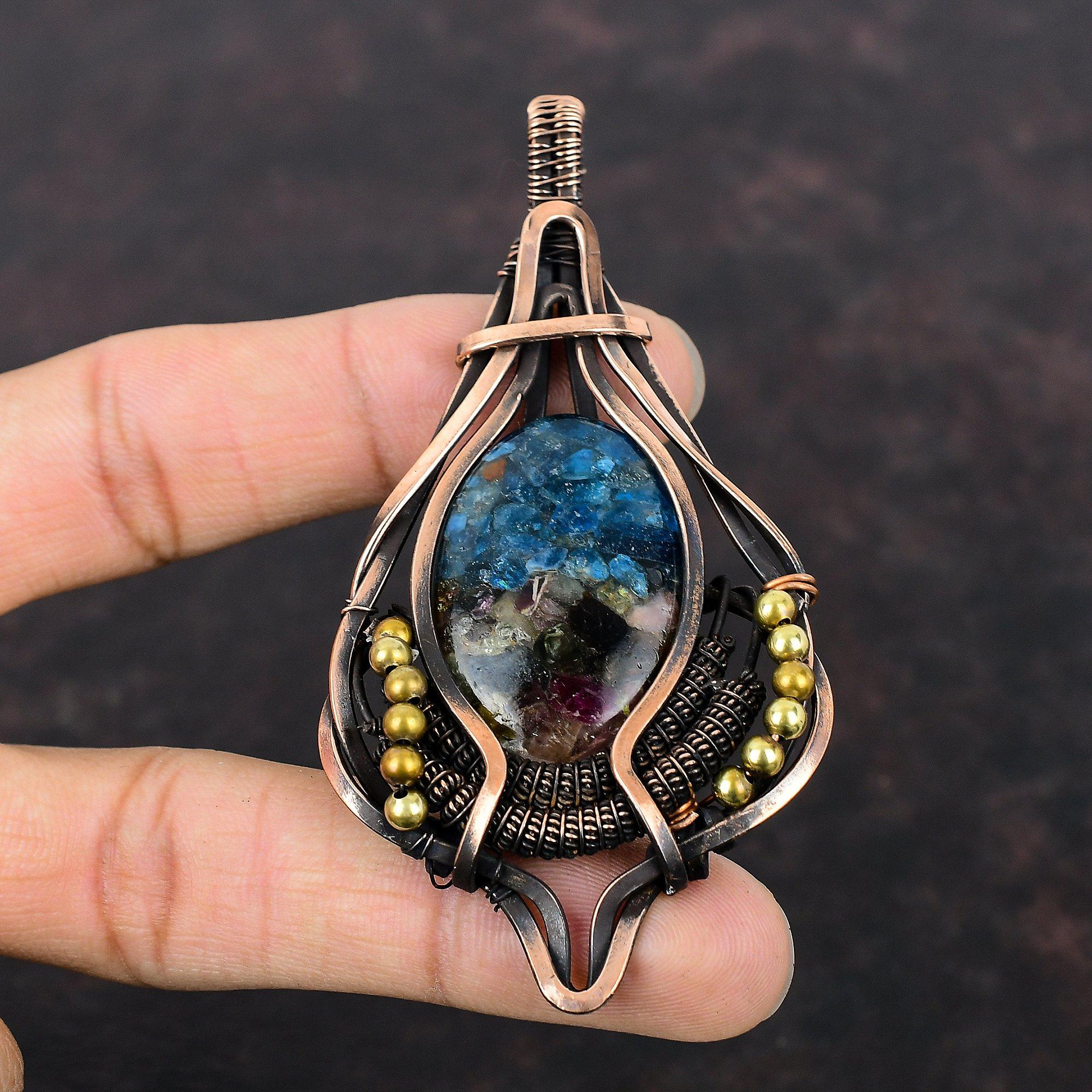 Pendentif Tourmaline Pastèque Pendentif Enveloppé de Fil de Cuivre Bijoux en Cuivre Faits Main Pendentif Pierre Précieuse Authentique Bijoux Enveloppés de Fil Cadeau pour Maman