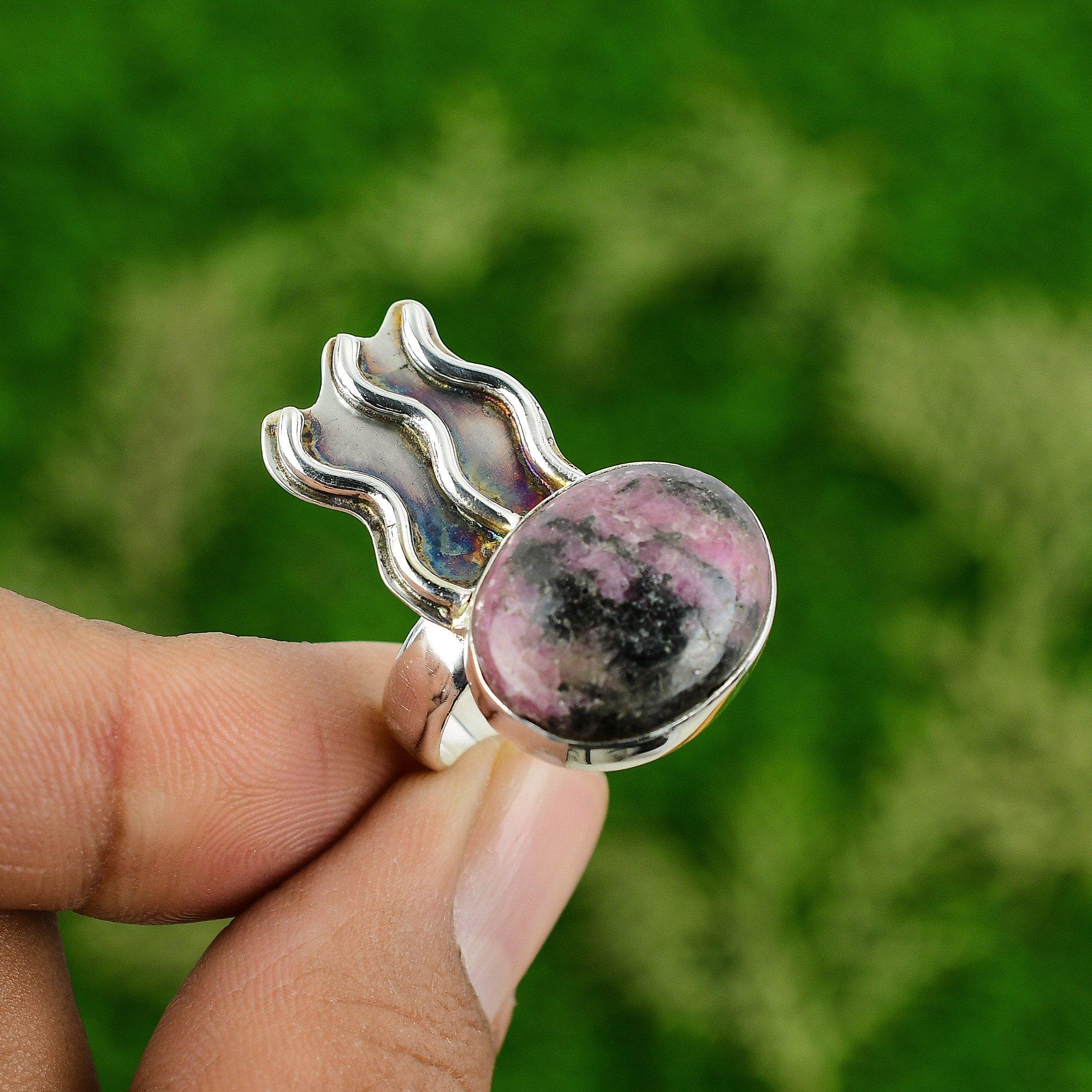 Natural Rhodonite Gemstone Promise Ring Size 7.75 925 Sterling Silver Jewelry