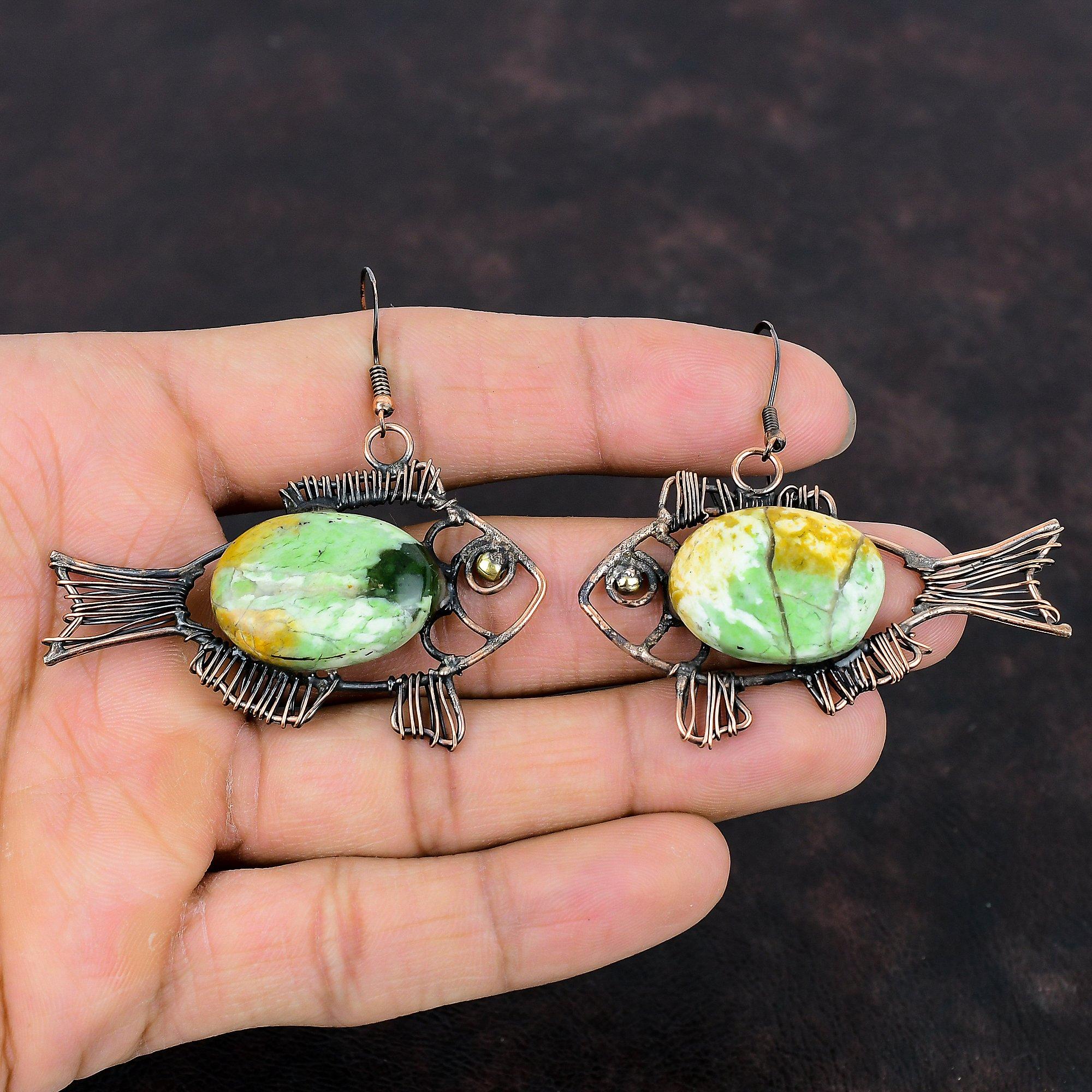 Cercei din calcedonie cromată australiană Cercei învelite cu sârmă de cupru Bijuterii din pietre prețioase Cercei cu pește Bijuterii din sârmă de cupru lucrate manual Cadouri pentru soție