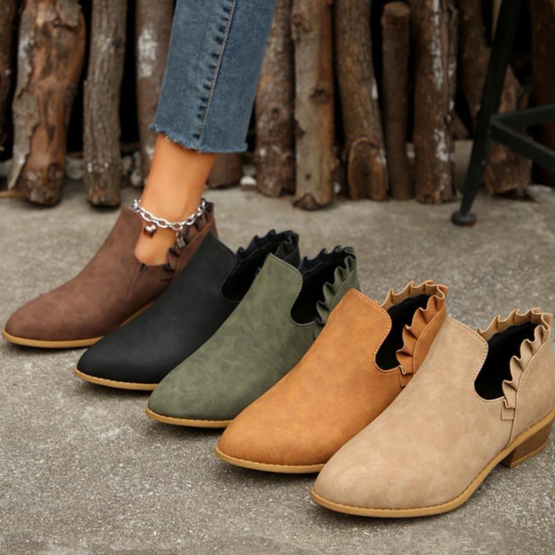 Nuovo Stile Stivaletti alla Caviglia da Donna Europei e Americani con Tacco Quadrato, Punta Appuntita, Slip-on, Moda Taglie Forti per Primavera e Autunno