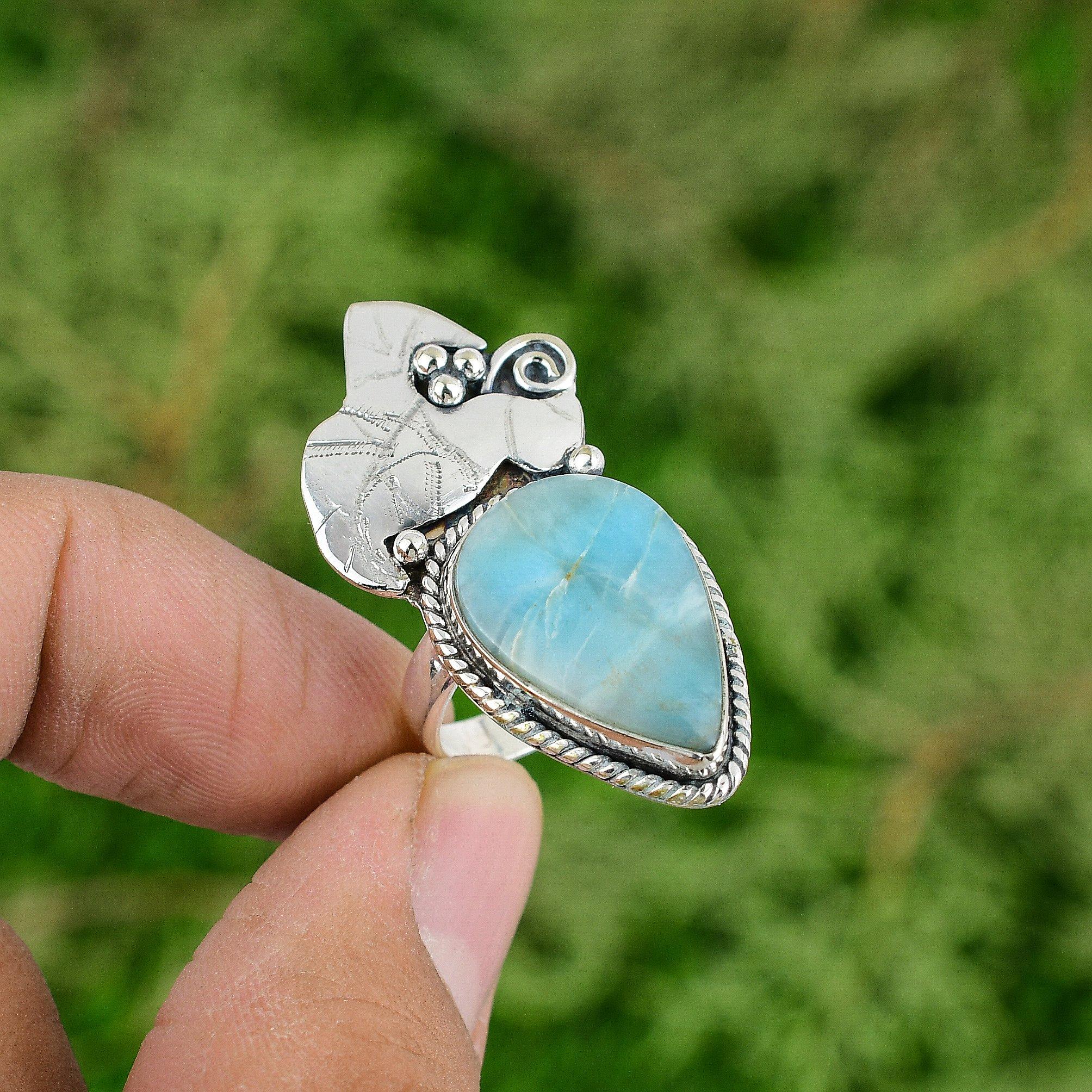 925 Sterling Silver Larimar Gemstone Unique Wedding Statement Bezel Ring US 8
