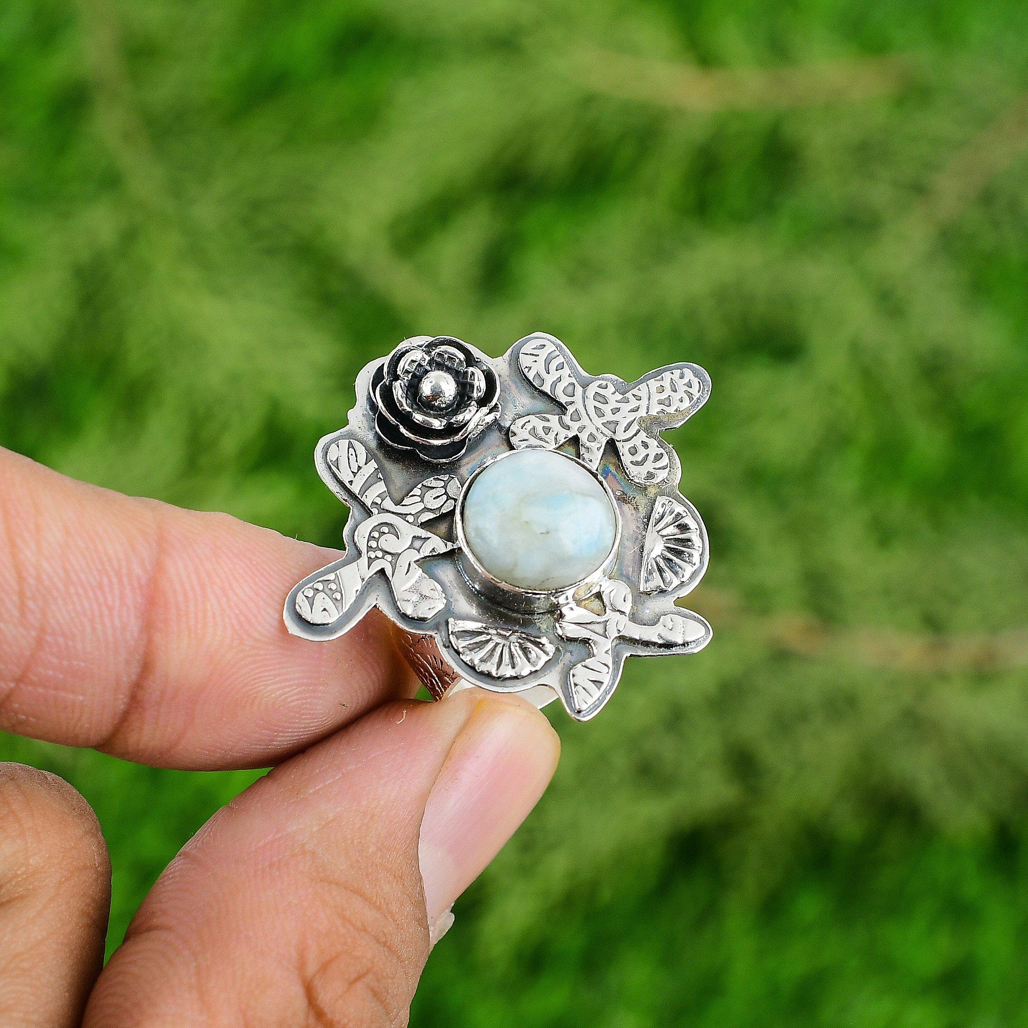 925 Silver Larimar Gemstone Birthday Statement Anniversary Flower Ring Jewelry