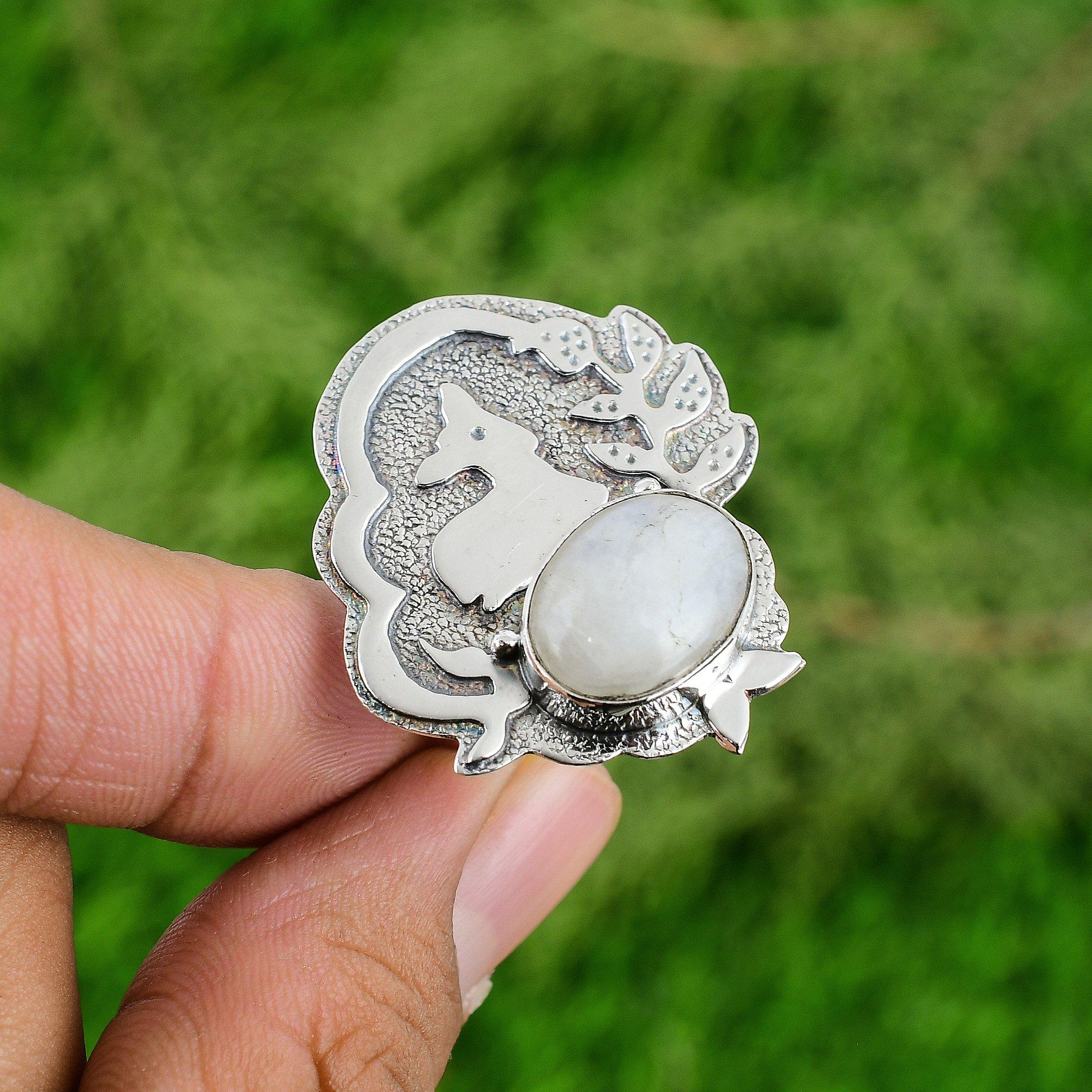 925 Silver Natural Rainbow Moonstone Solitaire Elegant Daughter New Ring Jewelry