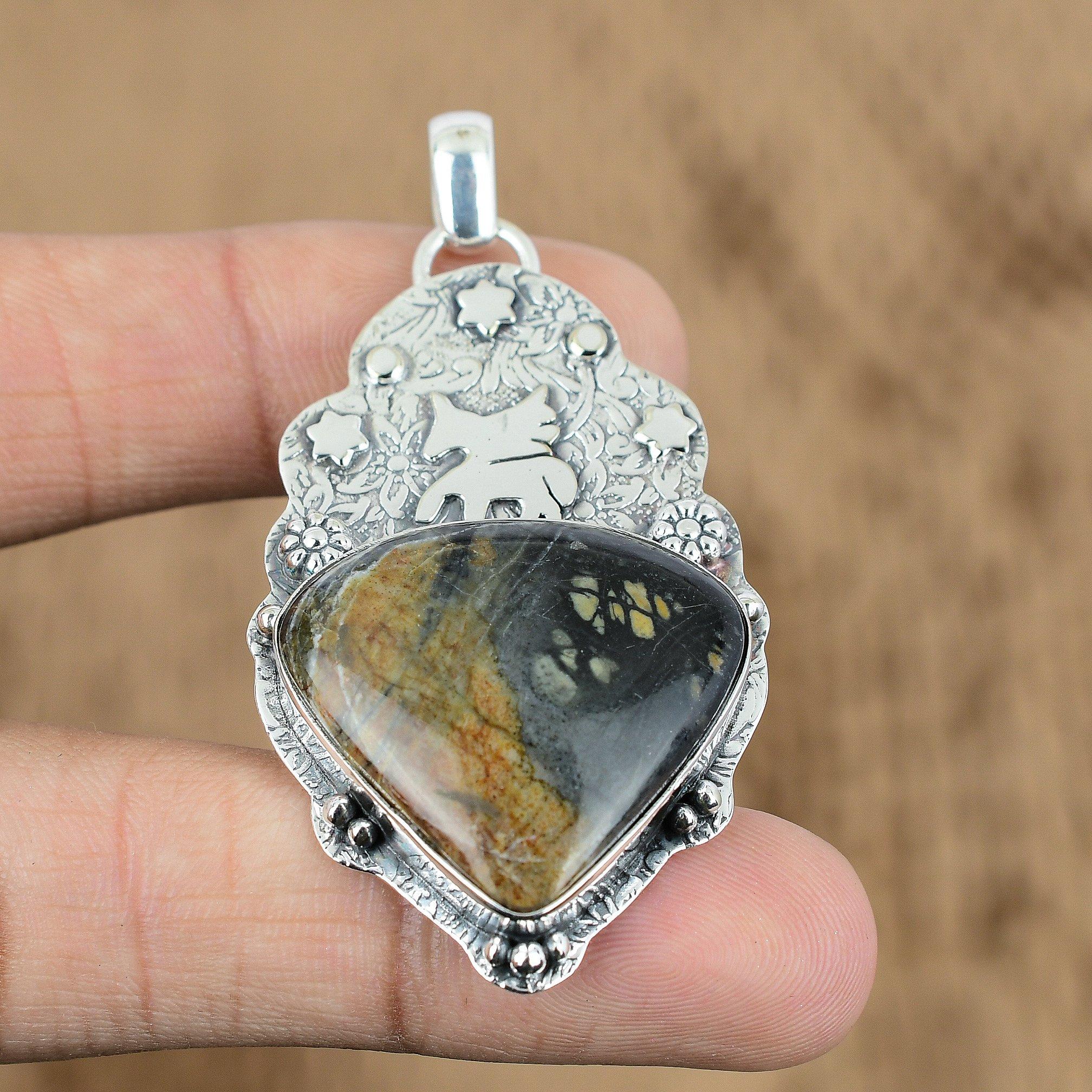 Natural Picasso Jasper Gemstone Pendant Unicorn Black 925 Sterling Silver