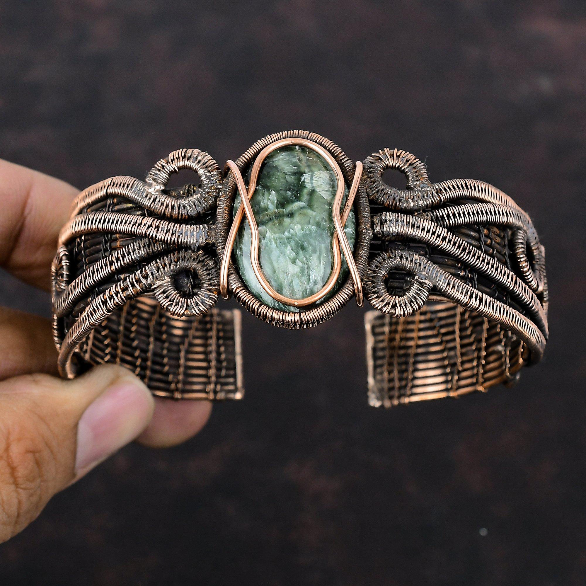Seraphinite Cuff Bracelet Copper Wire Wrapped Bangle Handmade Real Gemstone Jewelry Copper Cuff Bracelet Adjustable Bangle Wire Wrap Jewelry
