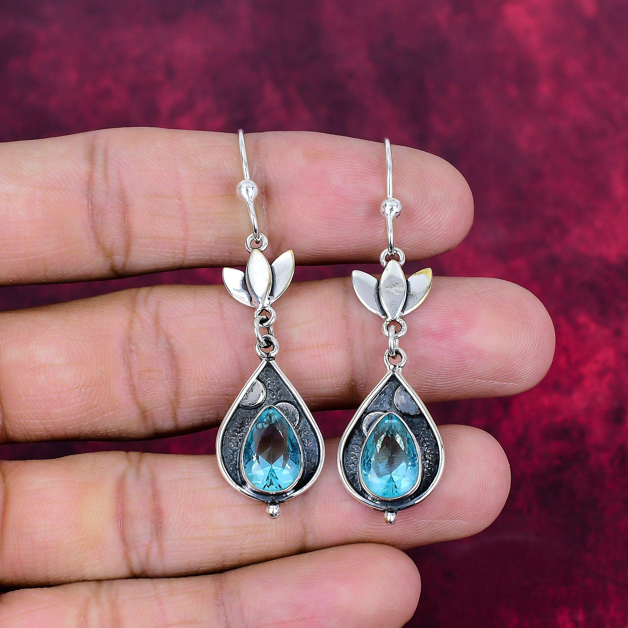 Swiss Blue Topaz 925 Solid Sterling Silver Earrings, Handmade Gemstone Jewelry Earrings For Memorial Day