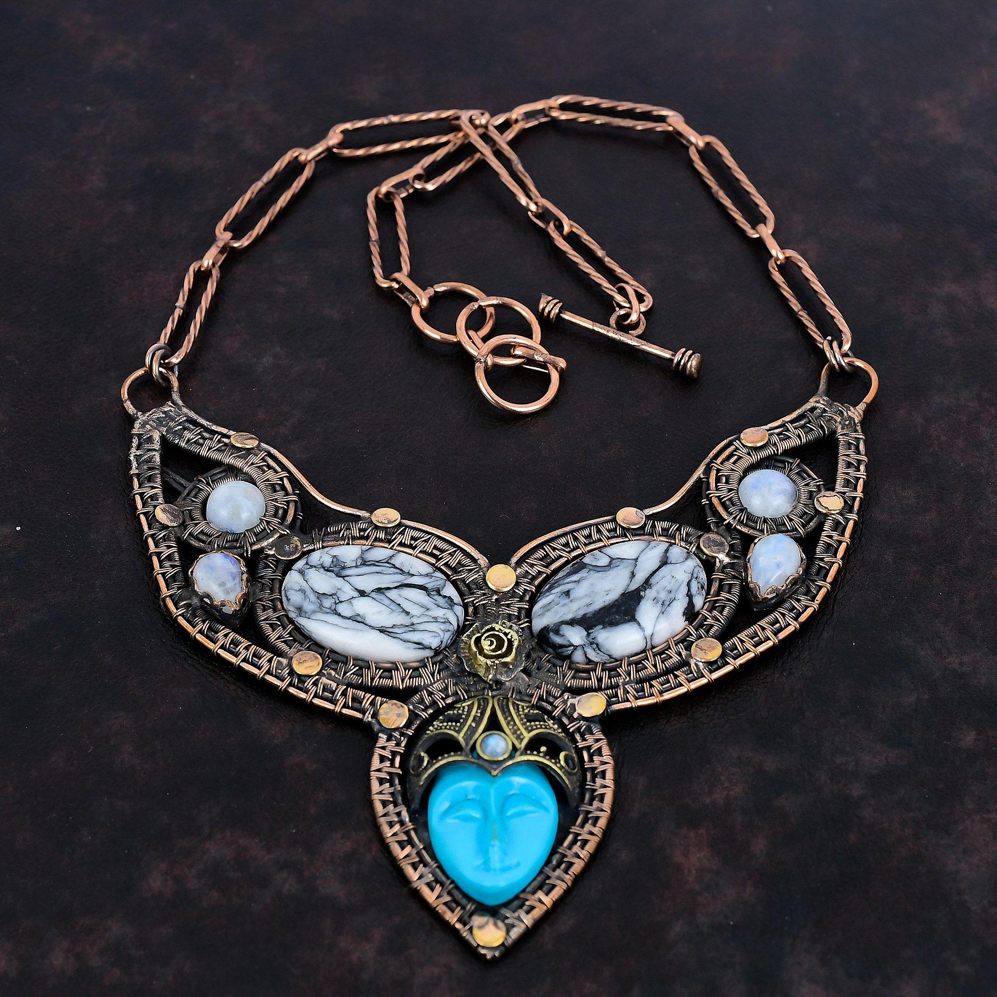 Blue Carved Bone Face Necklace Copper Wire Wrapped Gemstone Necklace Pinolith Jasper & Moonstone Necklace Handmade Adjustable Chain Necklace