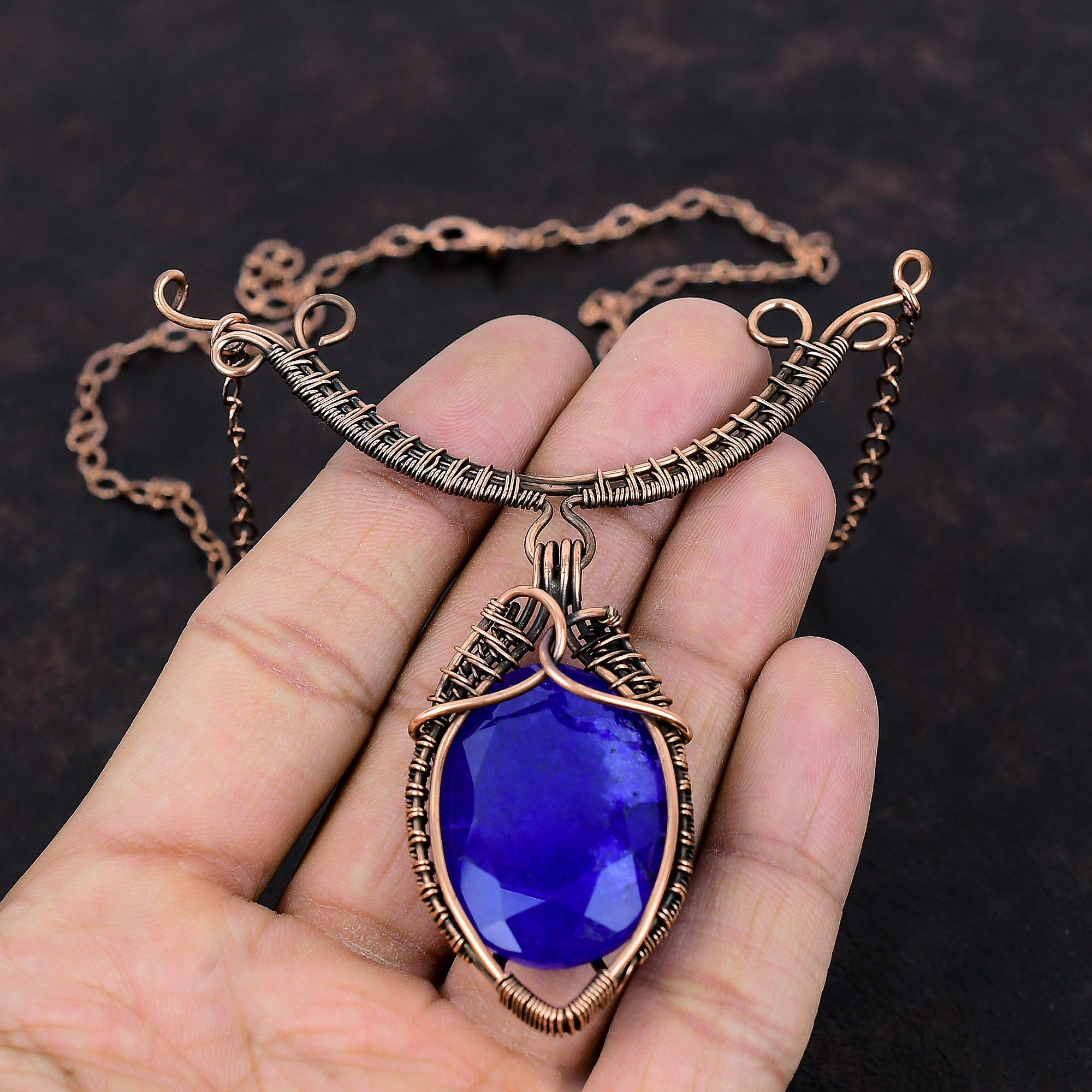 Faceted Blue Sapphire Gemstone Necklace Copper Wire Wrapped Necklace Adjustable Necklace Handmade Necklace Copper Wire Jewelry Gift For Her