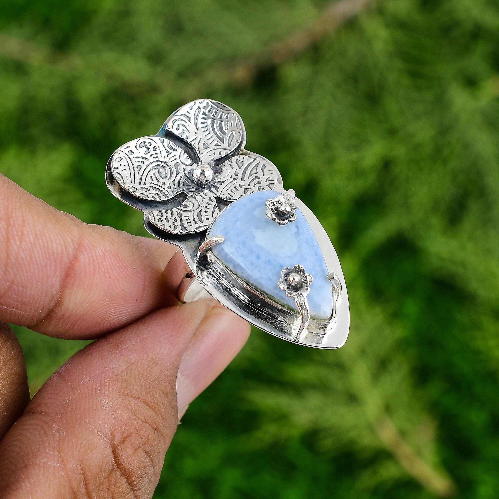 Natural Owyhee Blue Opal 925 Sterling Silver Flower New Multi Stone Ring Jewelry
