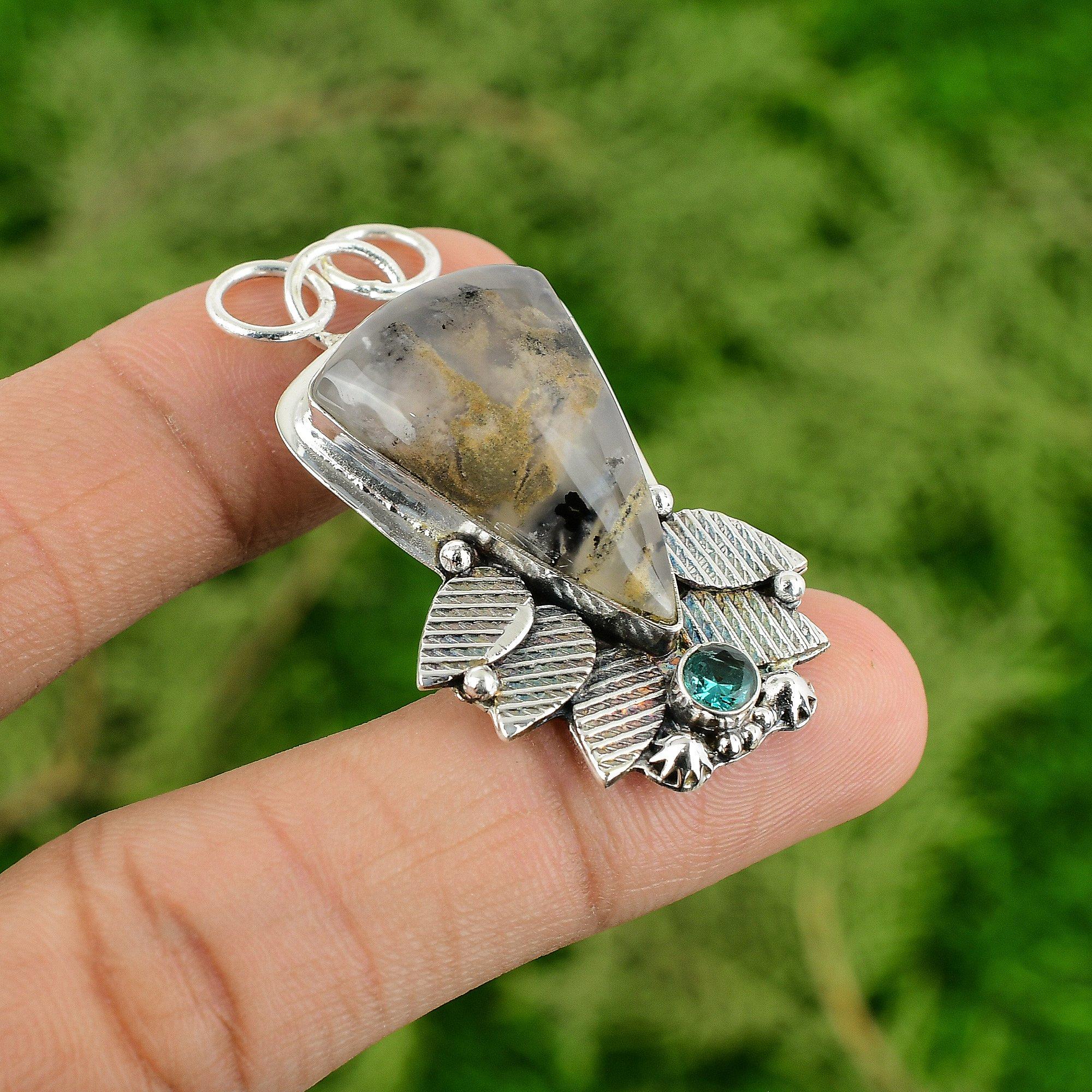 Daughters Day Deal Plume Agate Gemstone Swiss Blue Topaz Pendant Sterling Silver