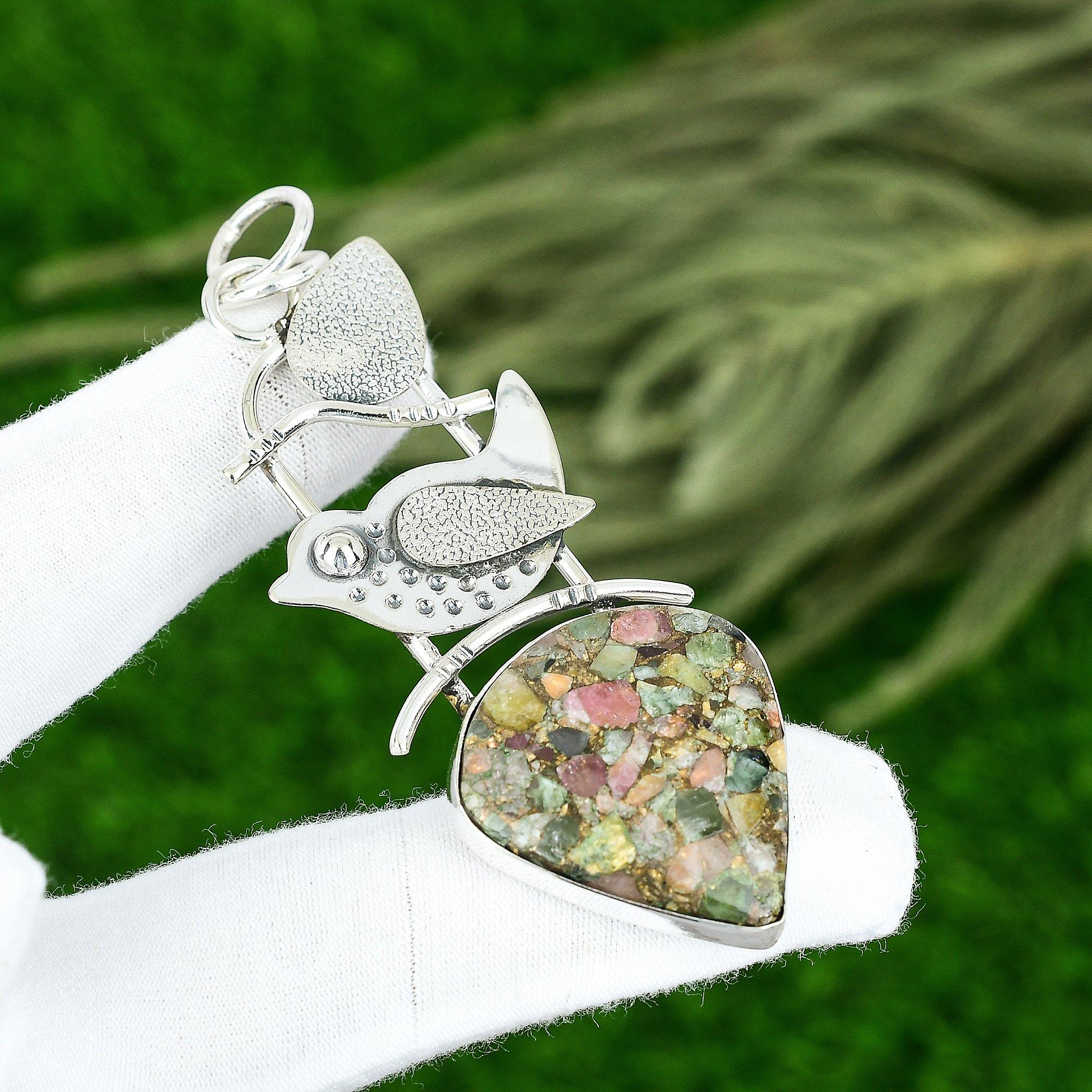 Birthday Gift For Her Natural Watermellon Tourmaline Gemstone Pendant 925 Silver