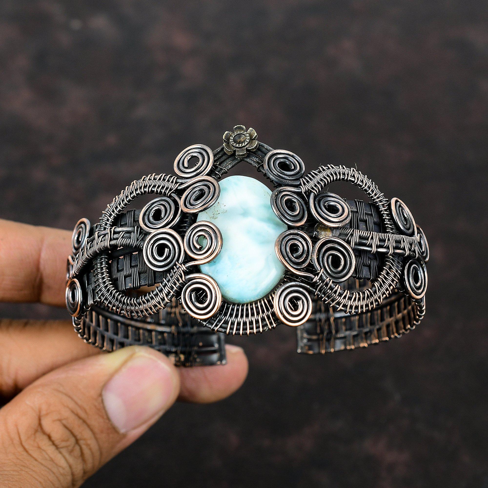 Larimar Cuff Bracelet Copper Wire Wrapped Bangle Gemstone Adjustable Bangle Handmade Jewelry Stylish Bangle Copper Wire Jewelry Gift For Her