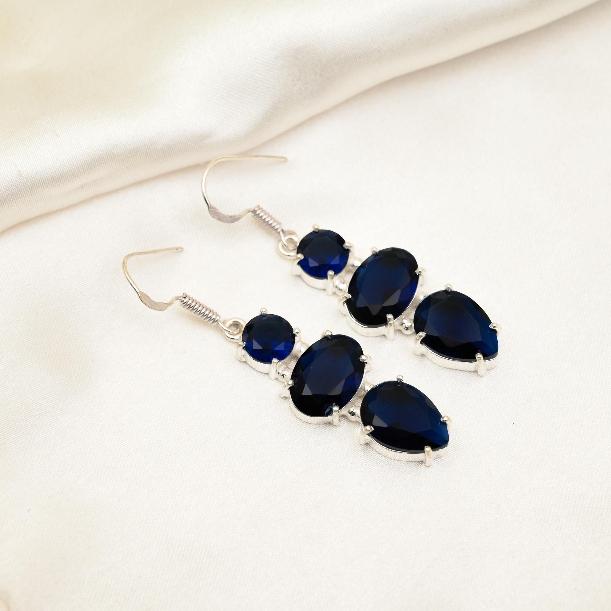 Blue Sapphire Earrings, Handmade Gemstone Earrings, 925 Solid Sterling Silver Earrings Antique Jewelry, For Engagement Gift