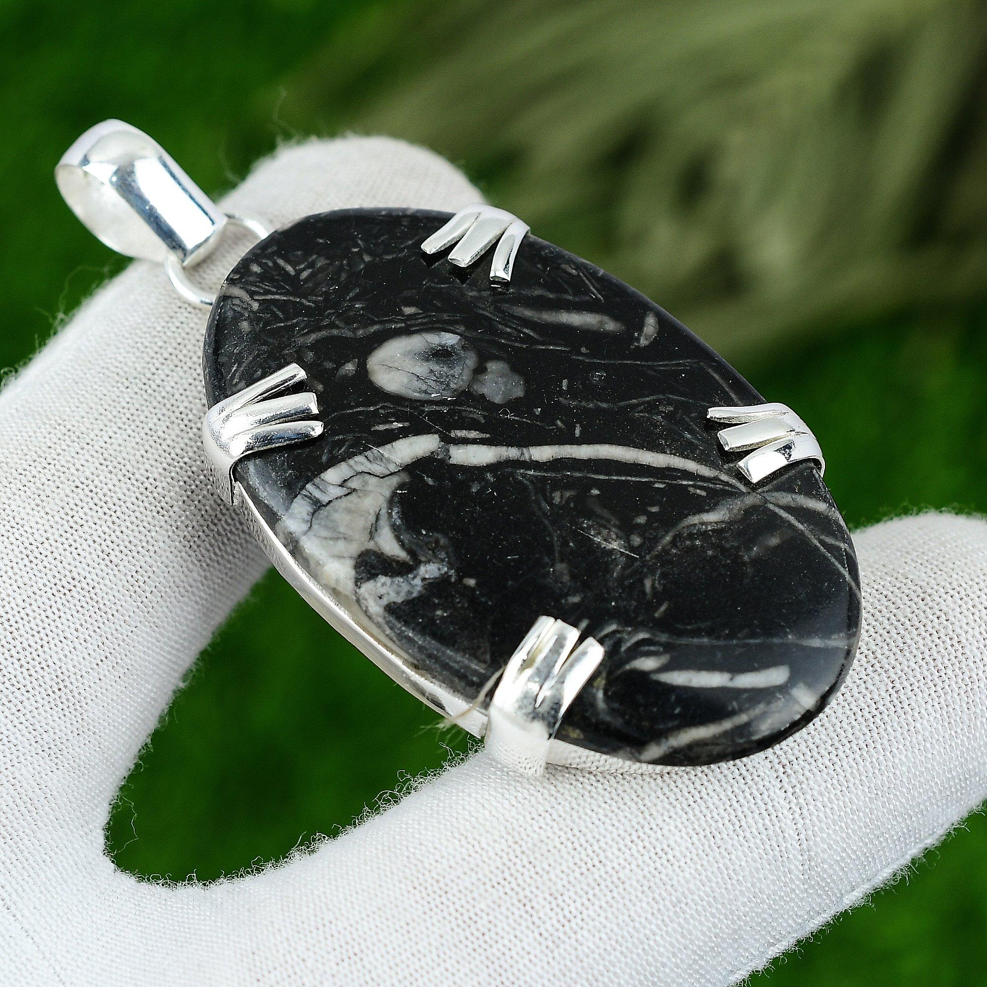 Geschenk für Sie 925 Sterlingsilber Natürlicher Schwarzer Fossilkorallen Edelstein Anhänger