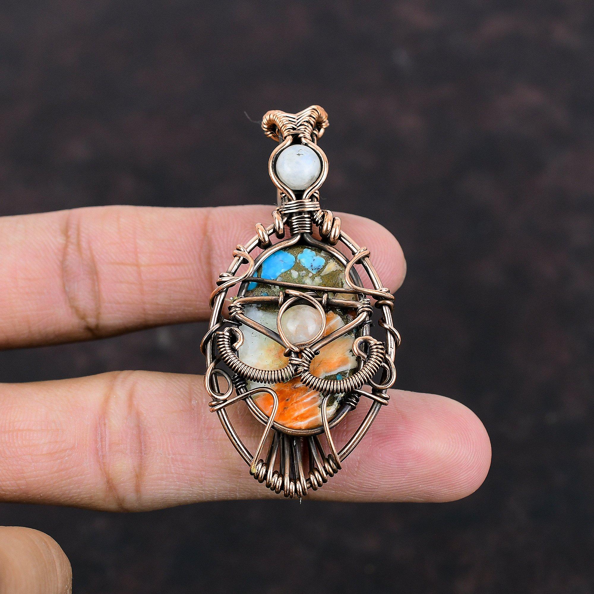 Evil Eye Spiny Oyster Copper Turquoise Pendant Copper Wire Wrapped Pendant Gemstone Jewelry Moonstone Pendant Handmade Jewelry Gift For Him