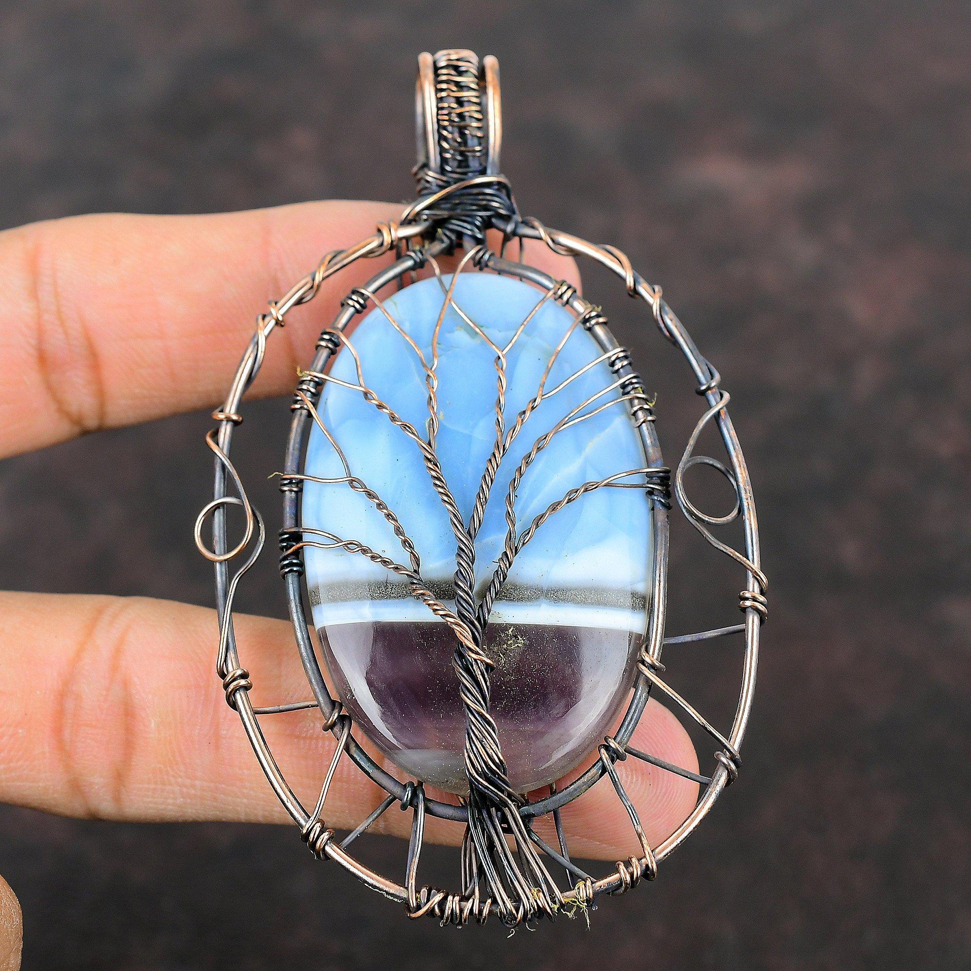 Tree Of Life Owyhee Blue Opal Copper Pendant Wire Wrapped Pendant Handmade Pendant Gemstone Designer Jewelry Tree Of Life Jewelry For Gift