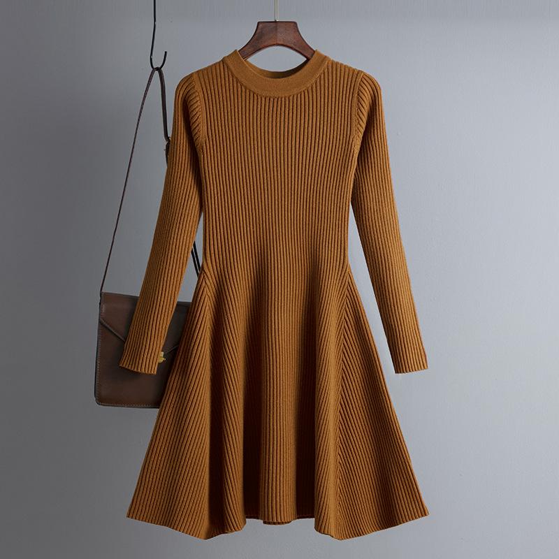 Autumn and Winter Women's Dress Knitted Long-sleeved Solid Color Slim Bottoming Dress Inside The Fashion A-line Skirt