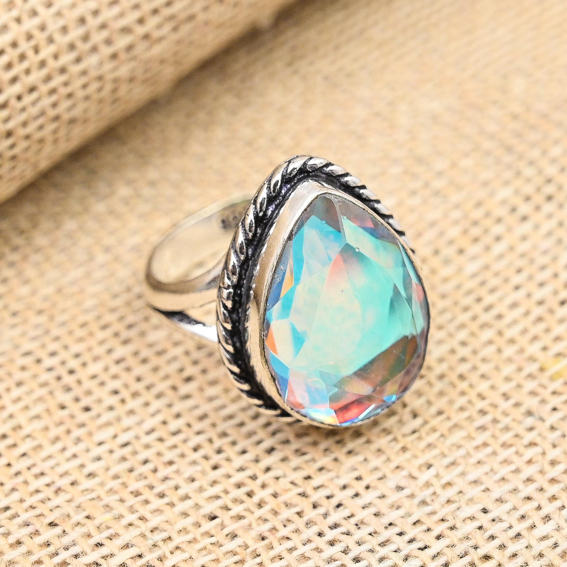 Rainbow Mystic Gemstone Handmade 925 Sterling Silver Ring Jewelry For Christmas