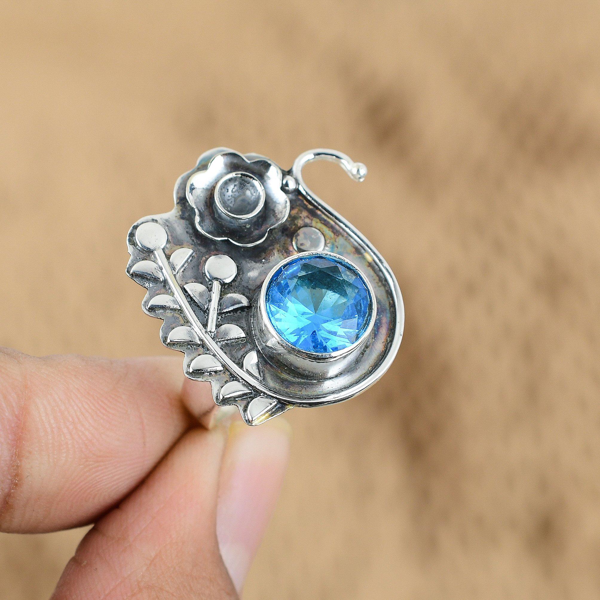 Mothers day Sale Round Swiss Blue Topaz Stone Flower Ethnic Ring Sterling Silver