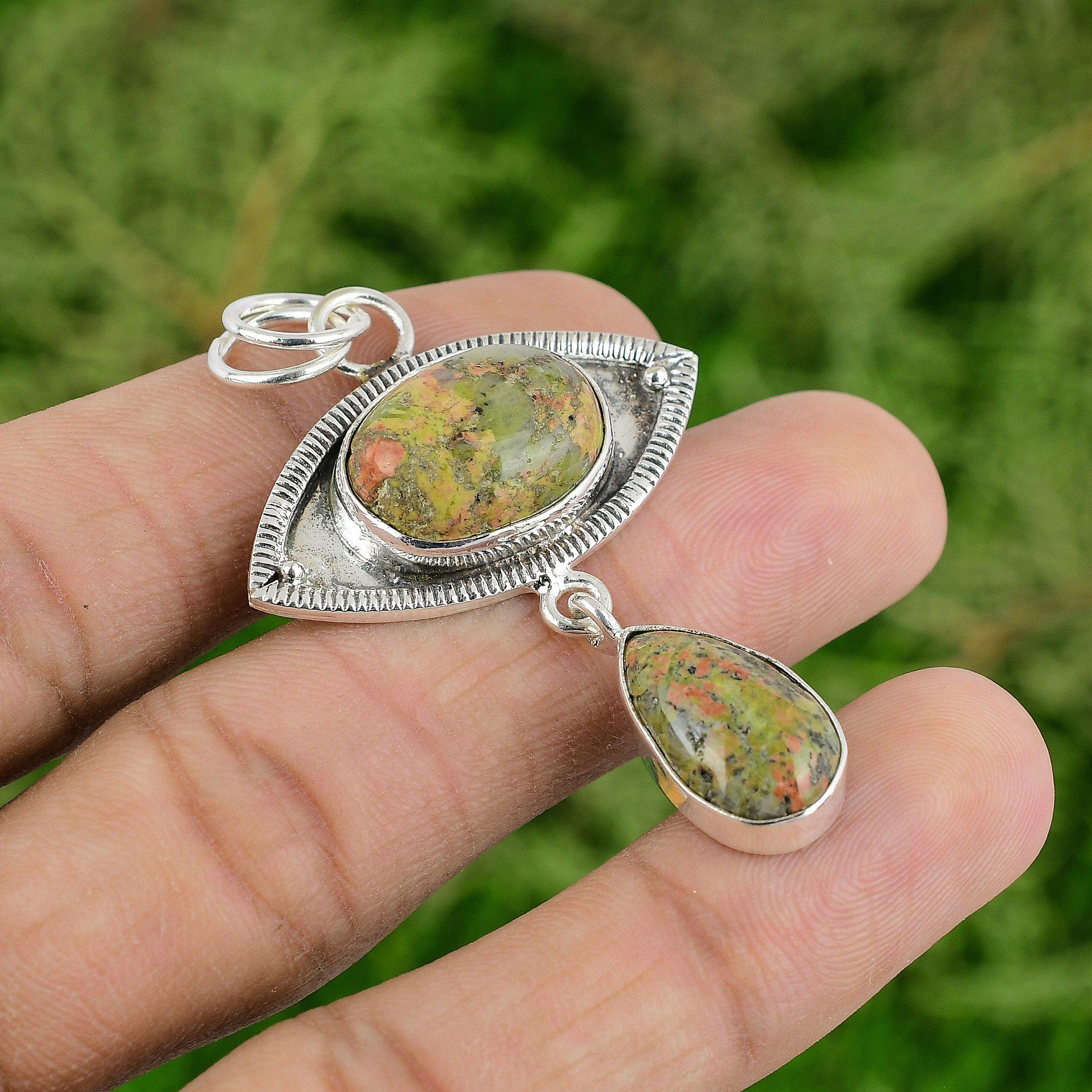 Oval Heart Chakra Unakite Gemstone 925 Sterling Silver Ethnic Handmade Pendant