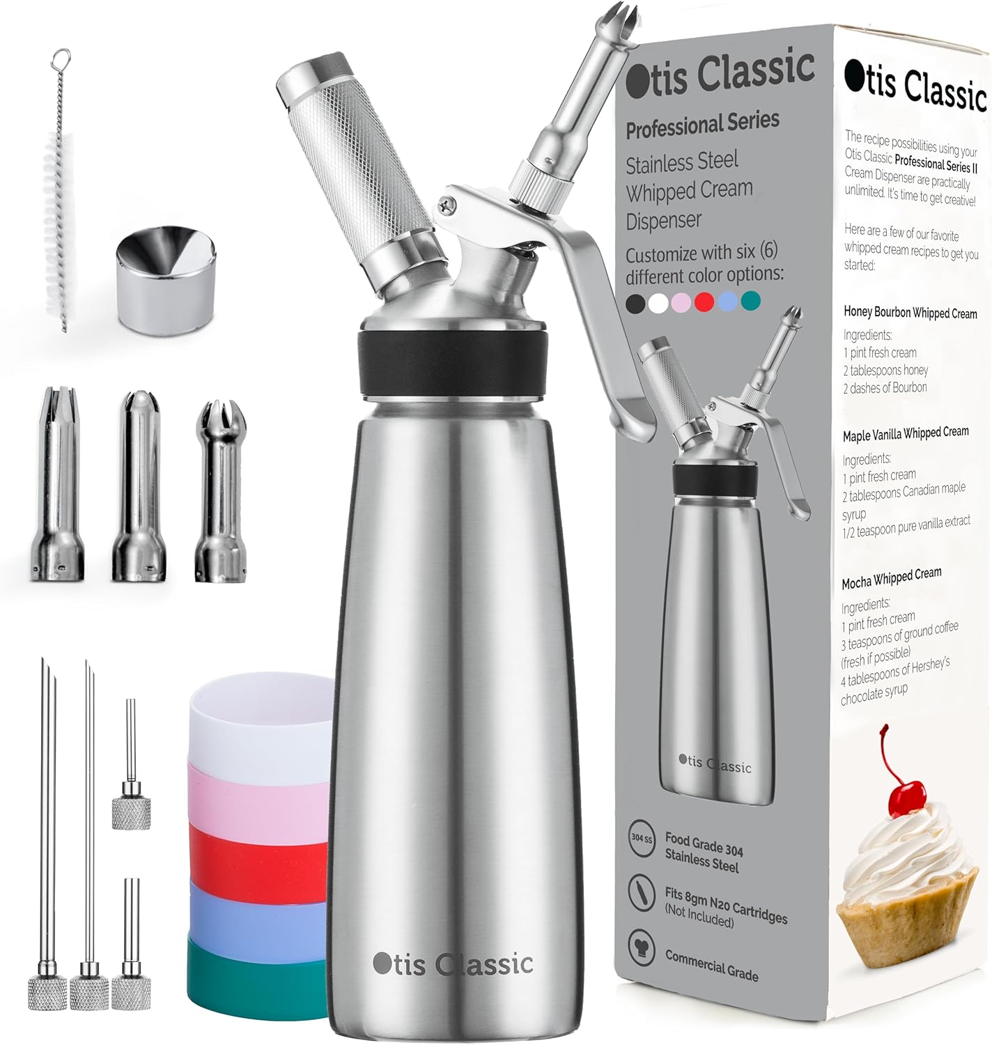 Classico Dispenser per Panna Montata in Acciaio Inossidabile 304, 500ml/ 3 Beccucci Decorativi 4 Punte per Iniezione e 6 Impugnature Colorate