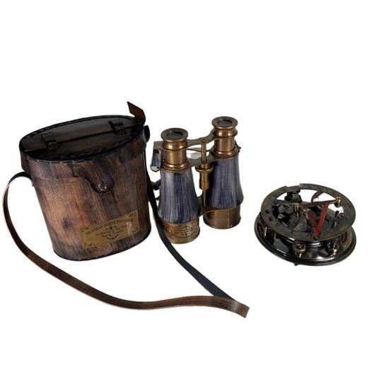 Victorian Marine Brass Grey Leather Binocular with Gilbert Sons Sundial Compass Navigational Home and Table Decor