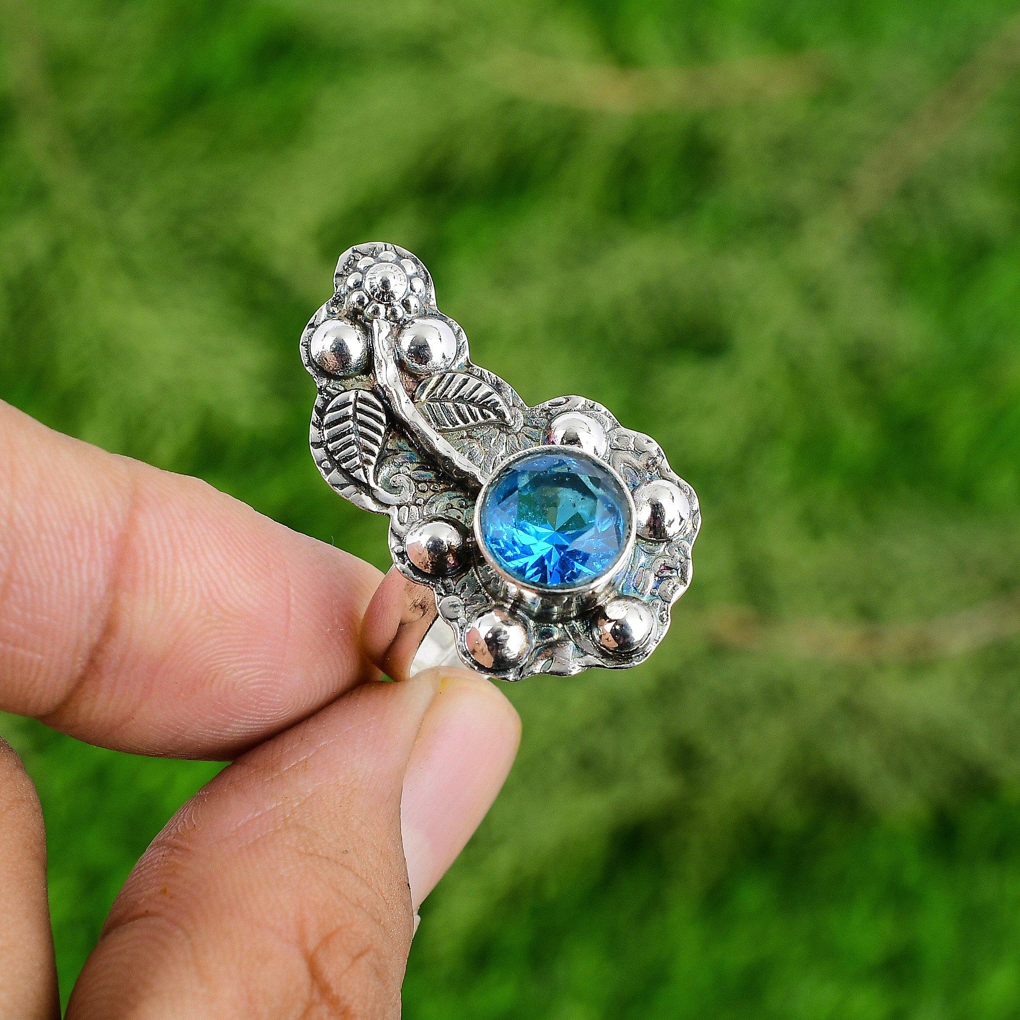 Sterling Silver Round Swiss Blue Topaz Stone Solitaire Handmade Flower Wife Ring
