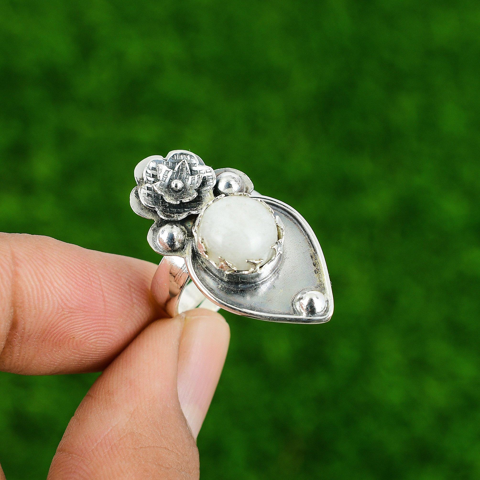 Natural Rainbow Moonstone Stackable Flower Adjustable Ring 925 Silver For Girls