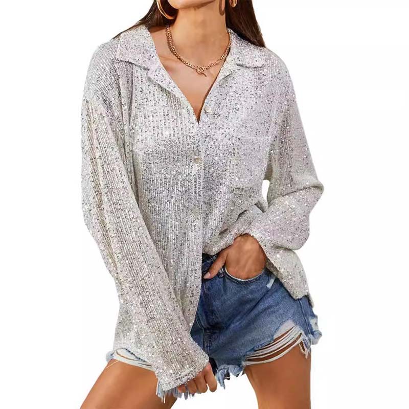 Sequined Shirt Ladies Fashion Long Sleeved Blouses Loose Casual Temperament Commute Polo Neck Top Spring and Autumn