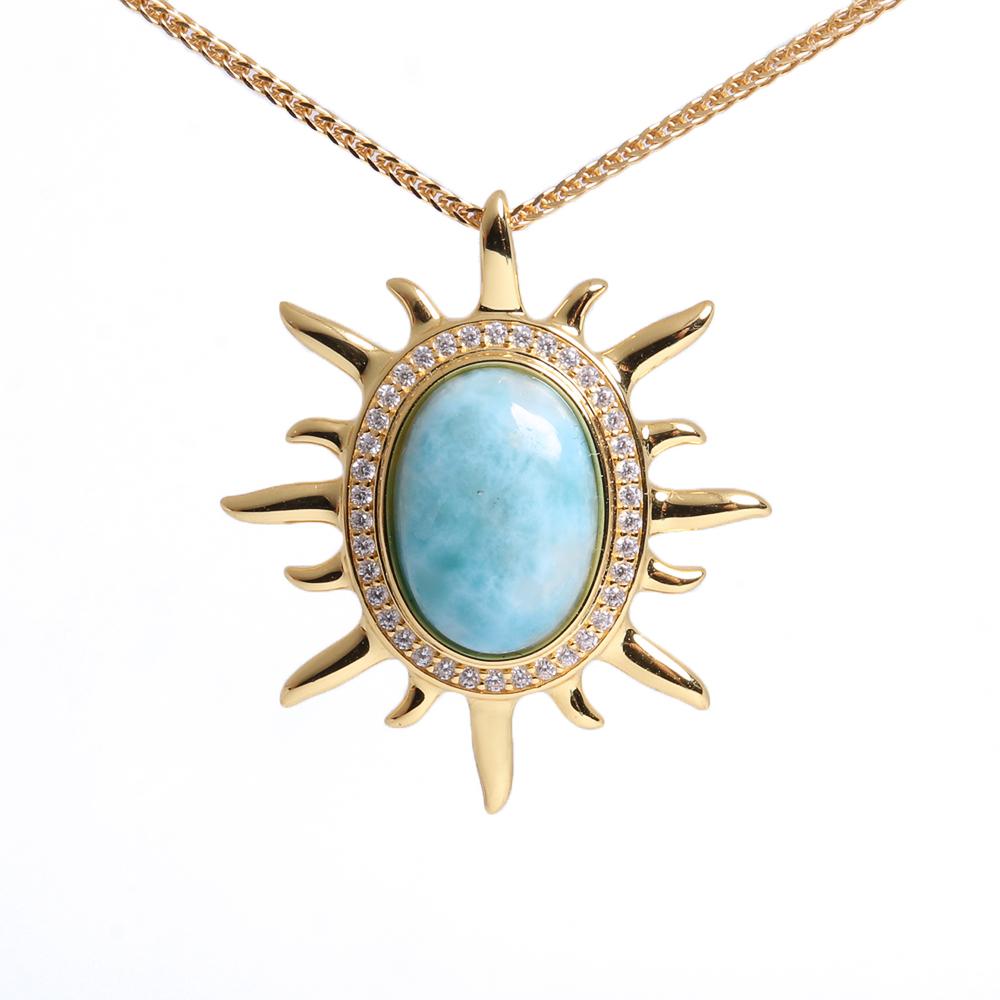 Real Gemstone Natural Blue Larimar Large Gemstone Pendant Necklace 925 silver fine jewelry for women's birthday & holiday gifts