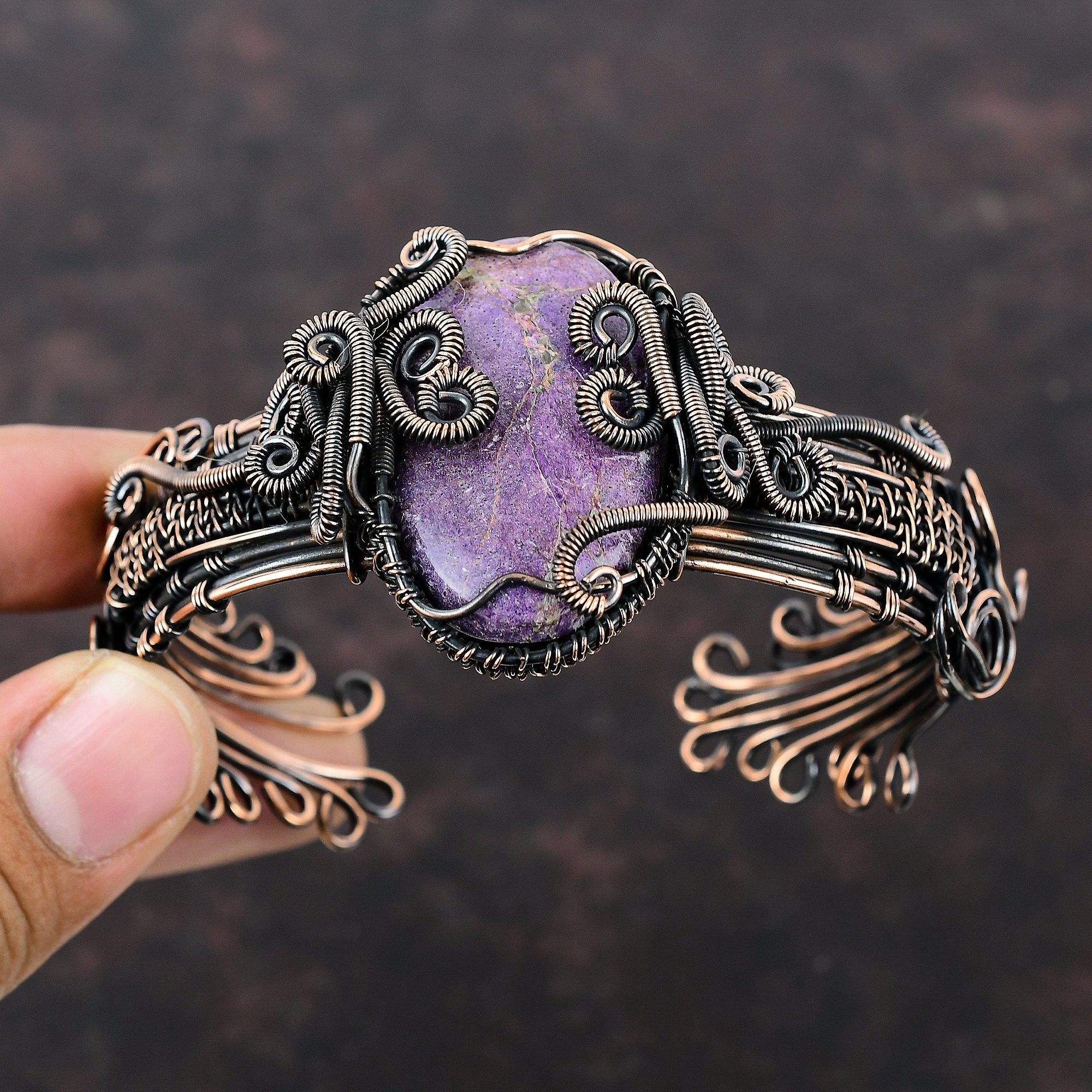 Purpurite Bangle Gemstone Cuff Bracelet Copper Wire Wrapped Adjustable Cuff Bracelet Handmade Purpurite Jewelry Copper Bangle Gift For Him