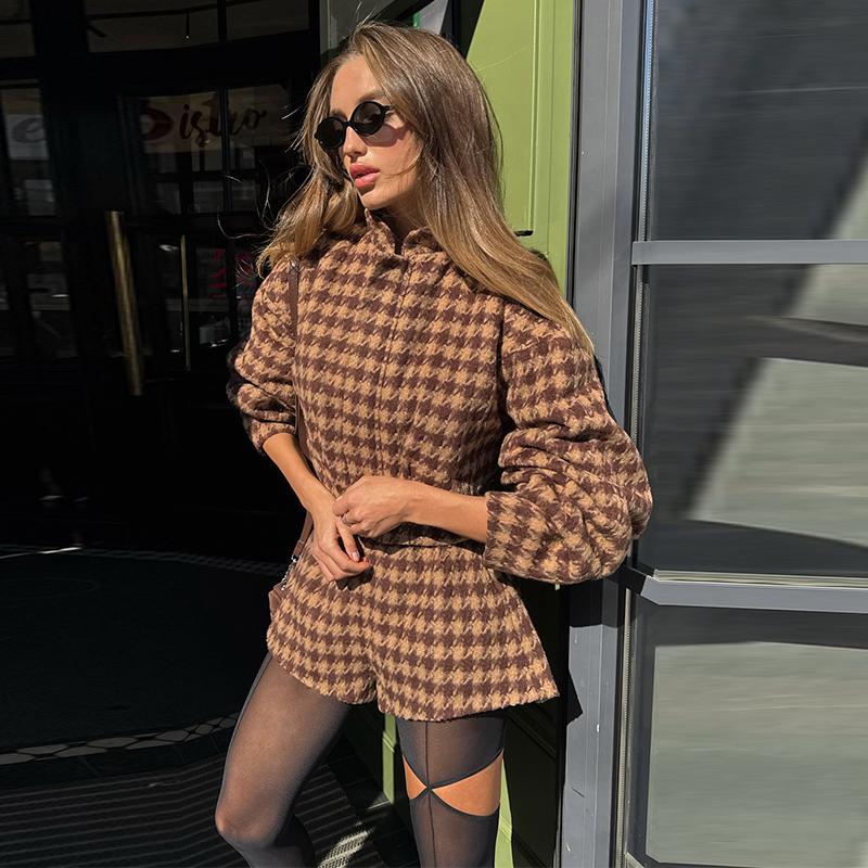 Plaid Short Jacket Shorts Suits Women Vintage Stand Collar Long Sleeve Zipper Coats With High Waist Shorts Street Ladies Outfits