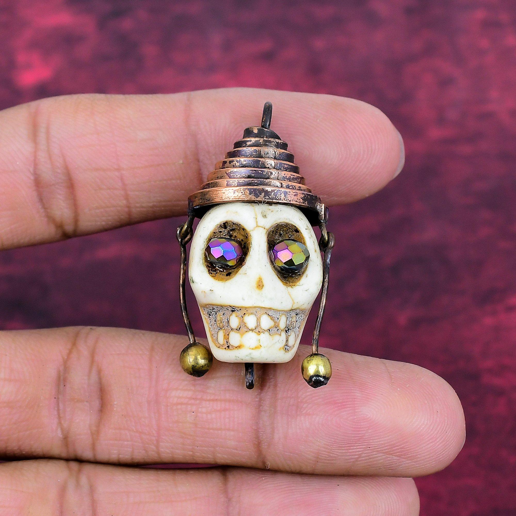 Howlite Pendant Titanium Bead Eyes & Skull Bone Face Pendant Copper Wire Wrapped Gemstone Jewelry